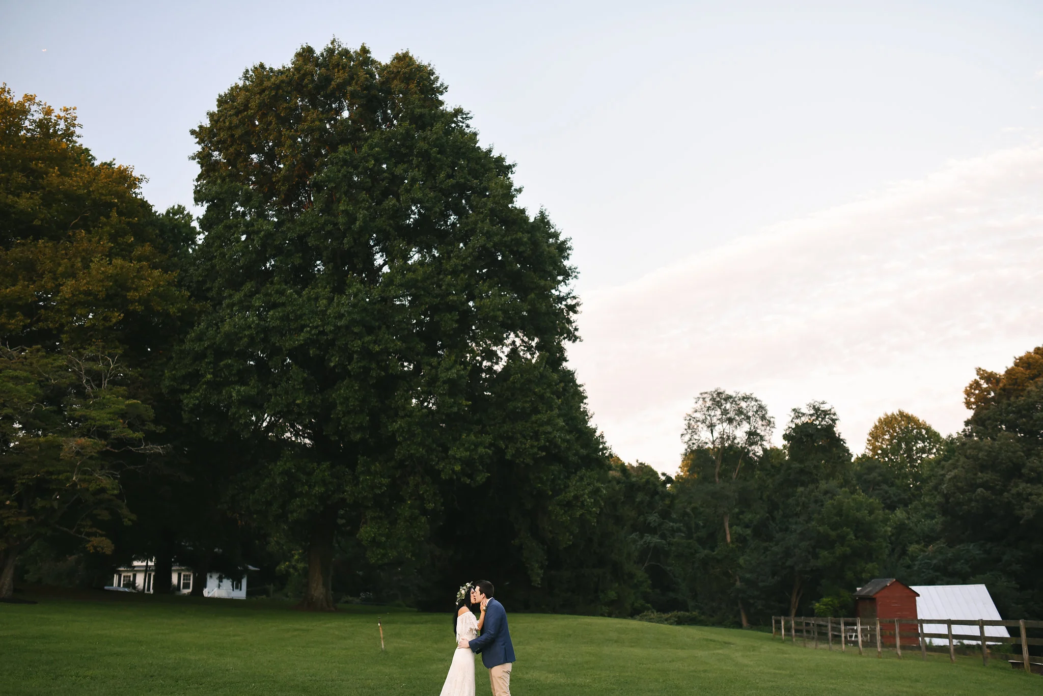 Maryland, Eastern Shore, Baltimore Wedding Photographer, Romantic, Boho, Backyard Wedding, Nature, Bride and Groom Kissing in a Field During Sunset, Sweet Portrait of Couple