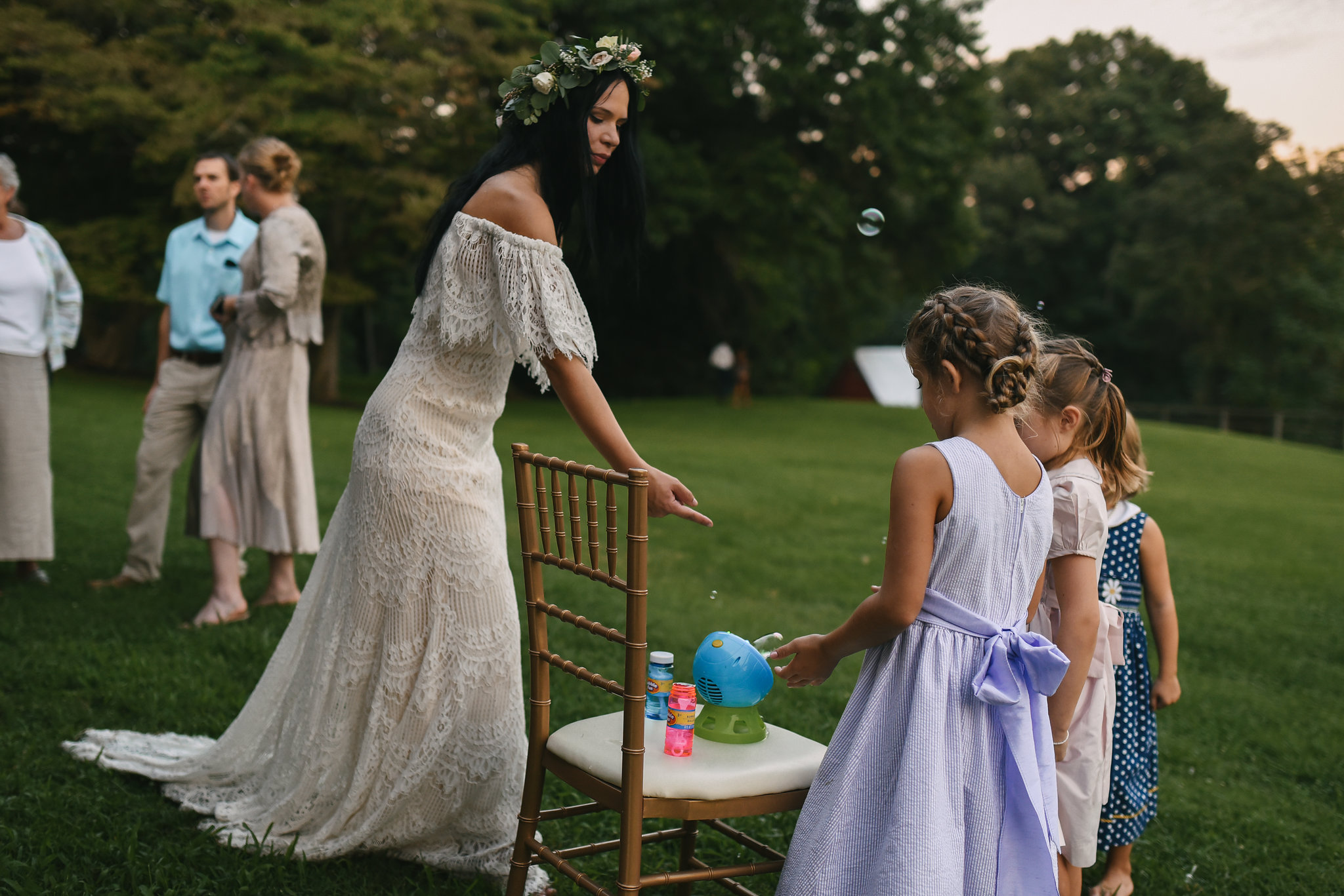  Maryland, Eastern Shore, Baltimore Wedding Photographer, Romantic, Boho, Backyard Wedding, Nature, Bride Playing with Kids at Reception, Daughters of Simone Lace Wedding Dress, Flower Crown 