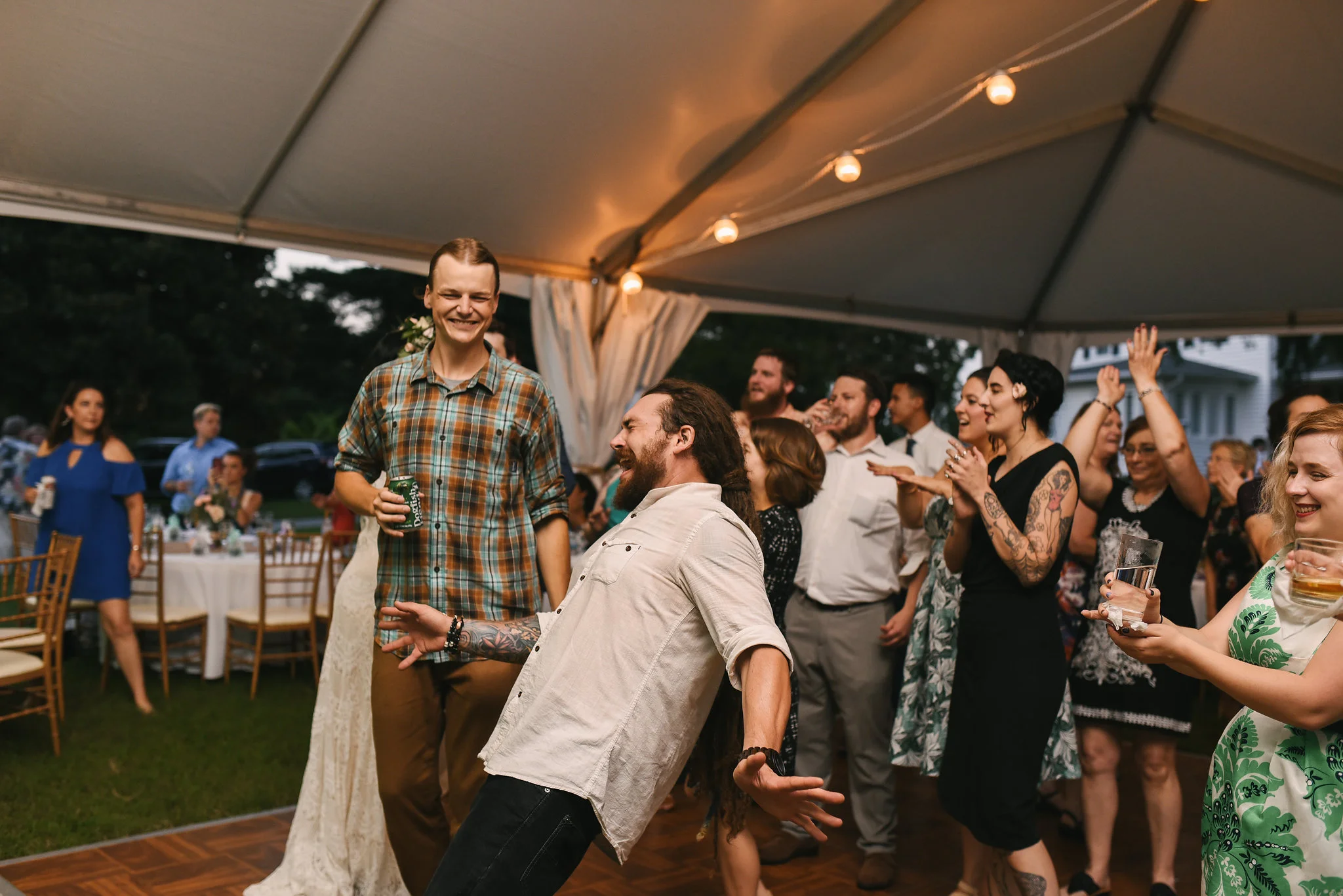 Maryland, Eastern Shore, Baltimore Wedding Photographer, Romantic, Boho, Backyard Wedding, Nature, Fun Photo of Friends Dancing at Reception, Outdoor Reception