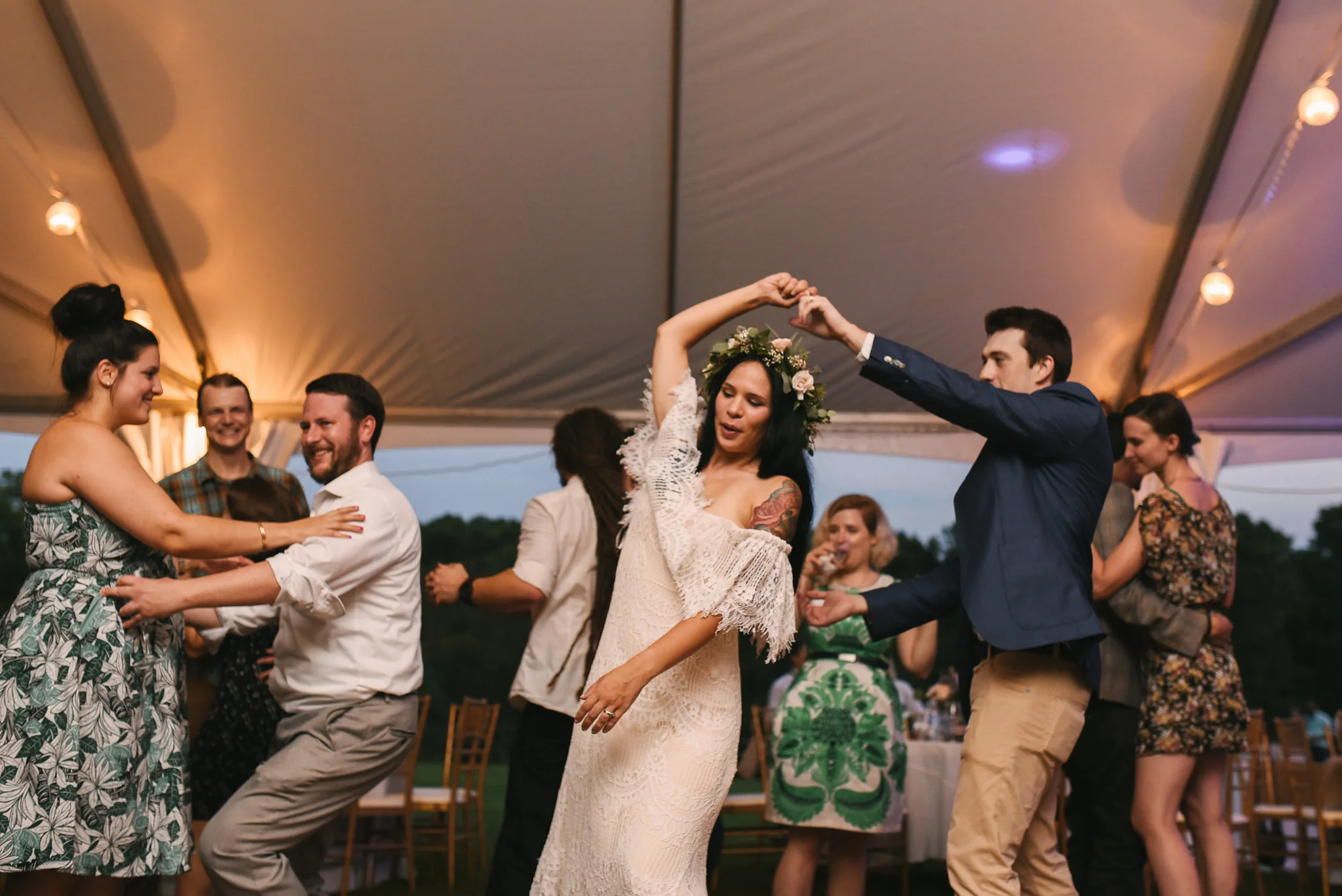 Maryland, Eastern Shore, Baltimore Wedding Photographer, Romantic, Boho, Backyard Wedding, Nature, Bride and Groom Dancing at Reception, Guests Dancing, Flower Crown
