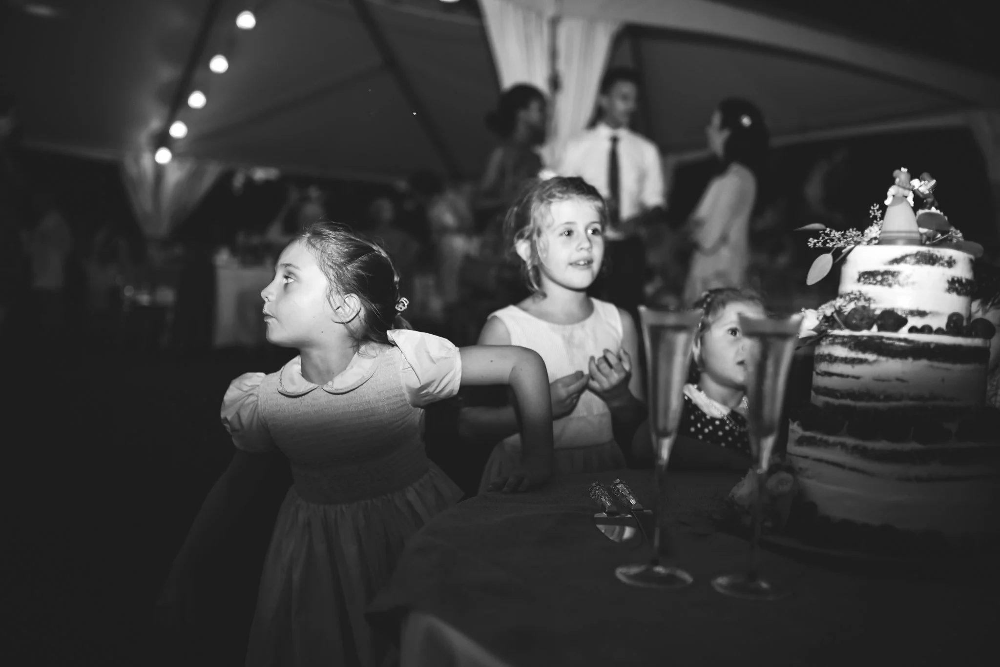 Maryland, Eastern Shore, Baltimore Wedding Photographer, Romantic, Boho, Backyard Wedding, Nature, Little Girls Having Fun at Reception, Black and White Photo
