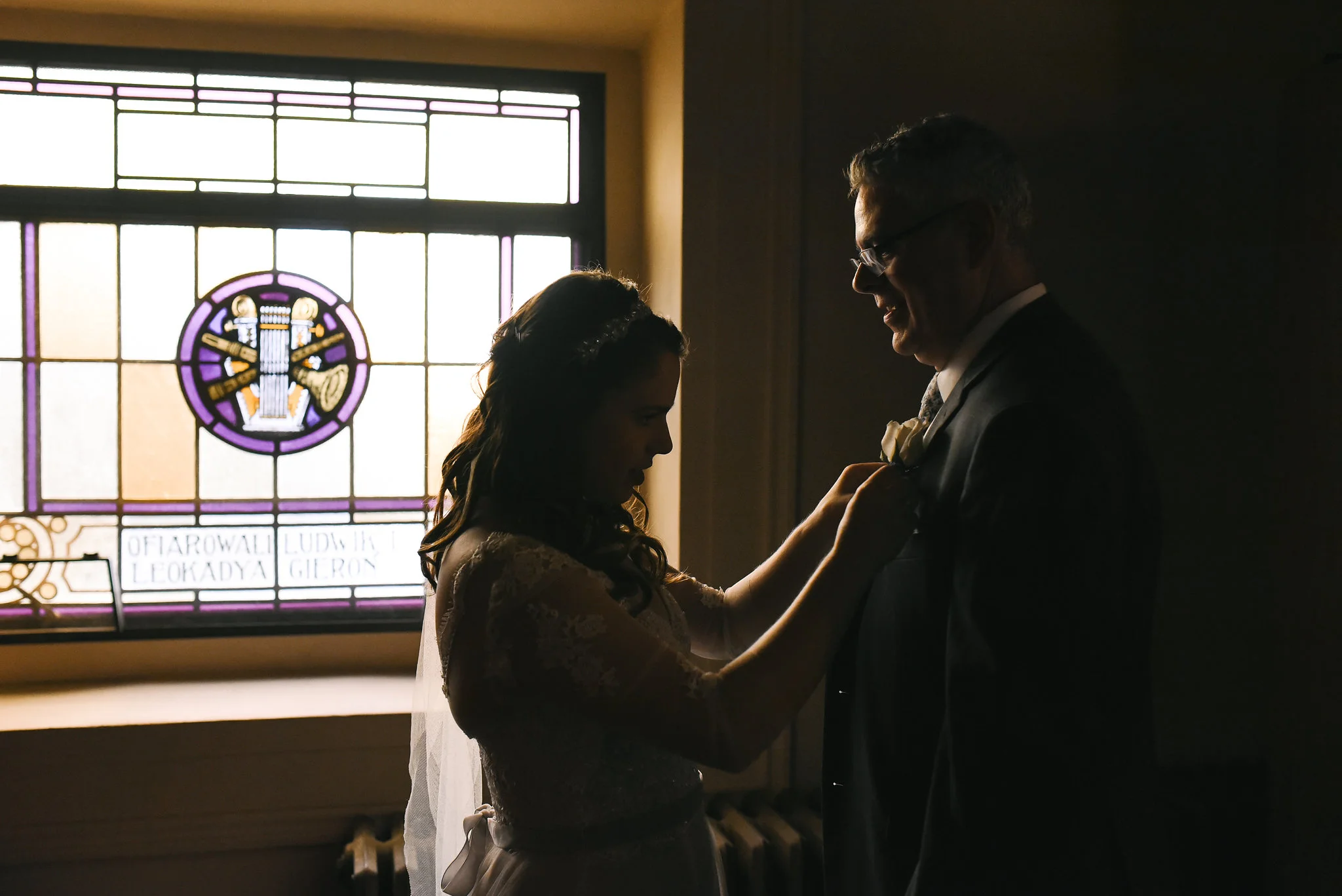 Baltimore, Canton, Church Wedding, Modern, Outdoors, Maryland Wedding Photographer, Romantic, Classic, Candid photo, bride helping father with boutonniere, St. Casimir Church