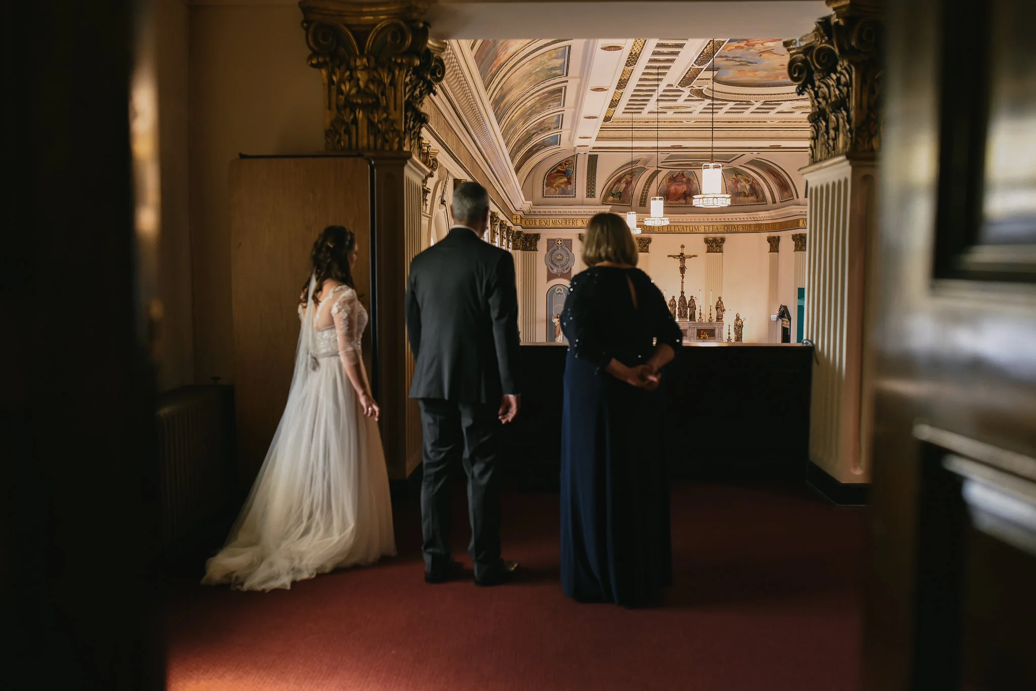 Baltimore, Canton, Church Wedding, Modern, Outdoors, Maryland Wedding Photographer, Romantic, Classic, Bride with parents inside St. Casimir Church
