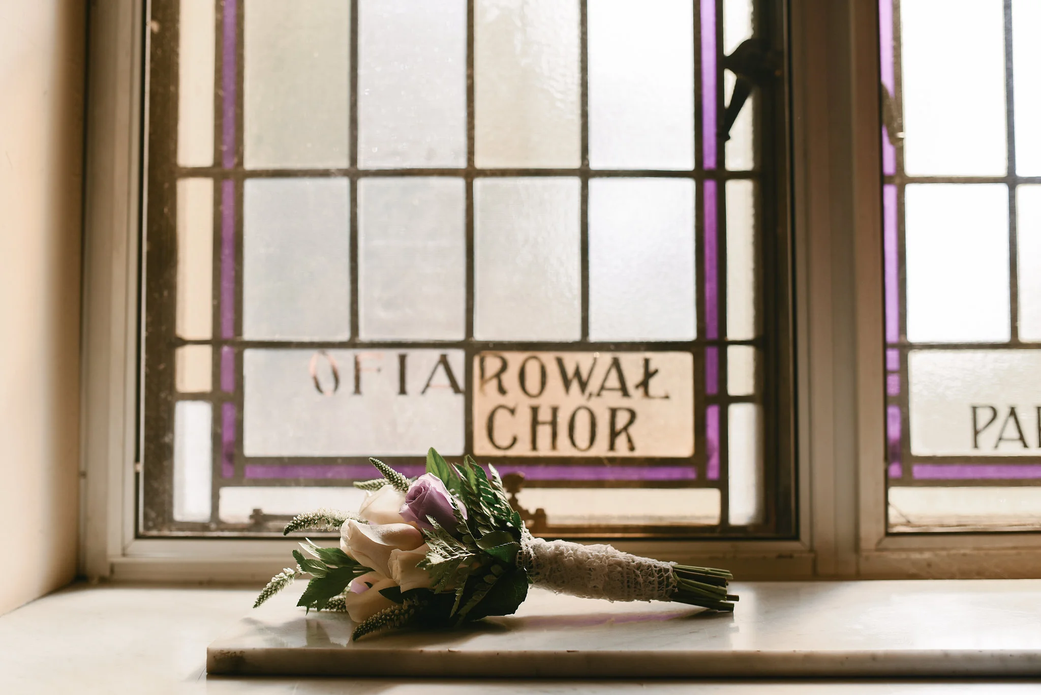 Baltimore, Canton, Church Wedding, Modern, Outdoors, Maryland Wedding Photographer, Romantic, Classic, Bridal Bouquet at Church Window, White and Purple Roses, St. Casimir Church