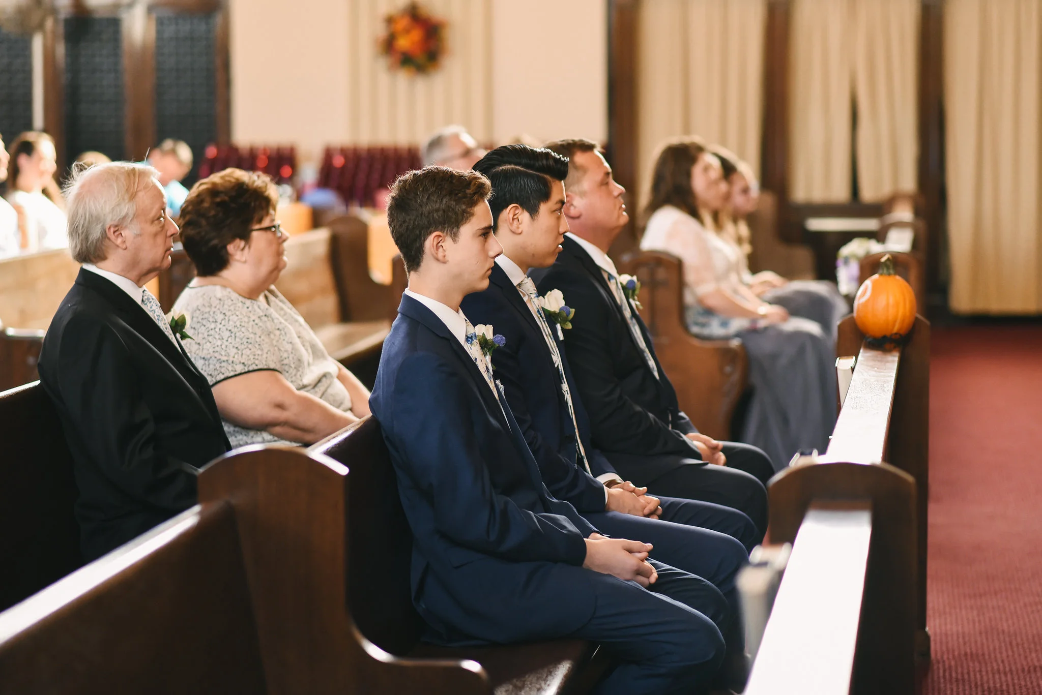 Baltimore, Canton, Church Wedding, Modern, Outdoors, Maryland Wedding Photographer, Romantic, Classic, St. Casimir Church, Guests and Groomsmen watching ceremony