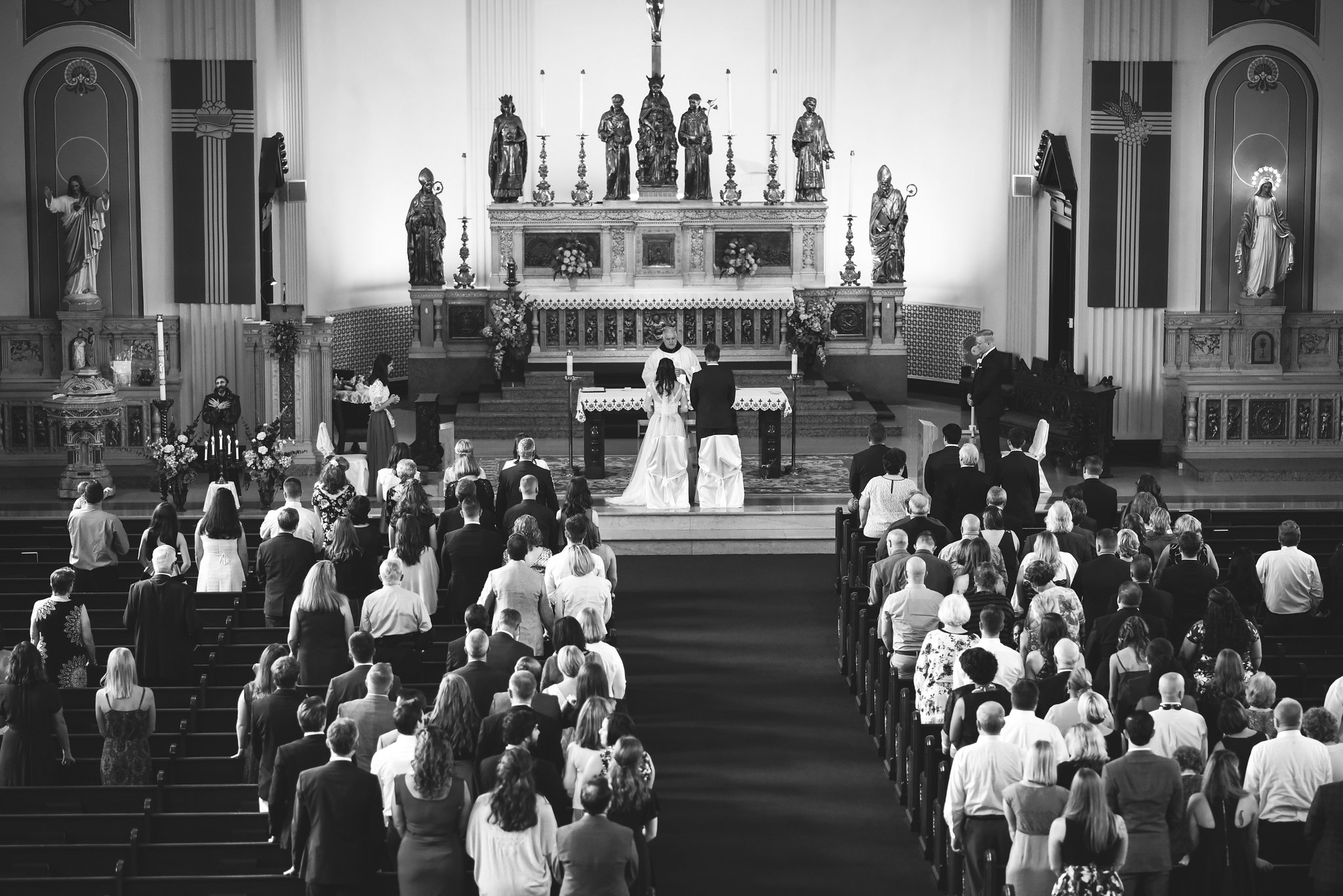  Baltimore, Canton, Church Wedding, Modern, Outdoors, Maryland Wedding Photographer, Romantic, Classic, St. Casimir Church, Black and White Photo, Bride and Groom at Altar, Photo from Above of ceremony 