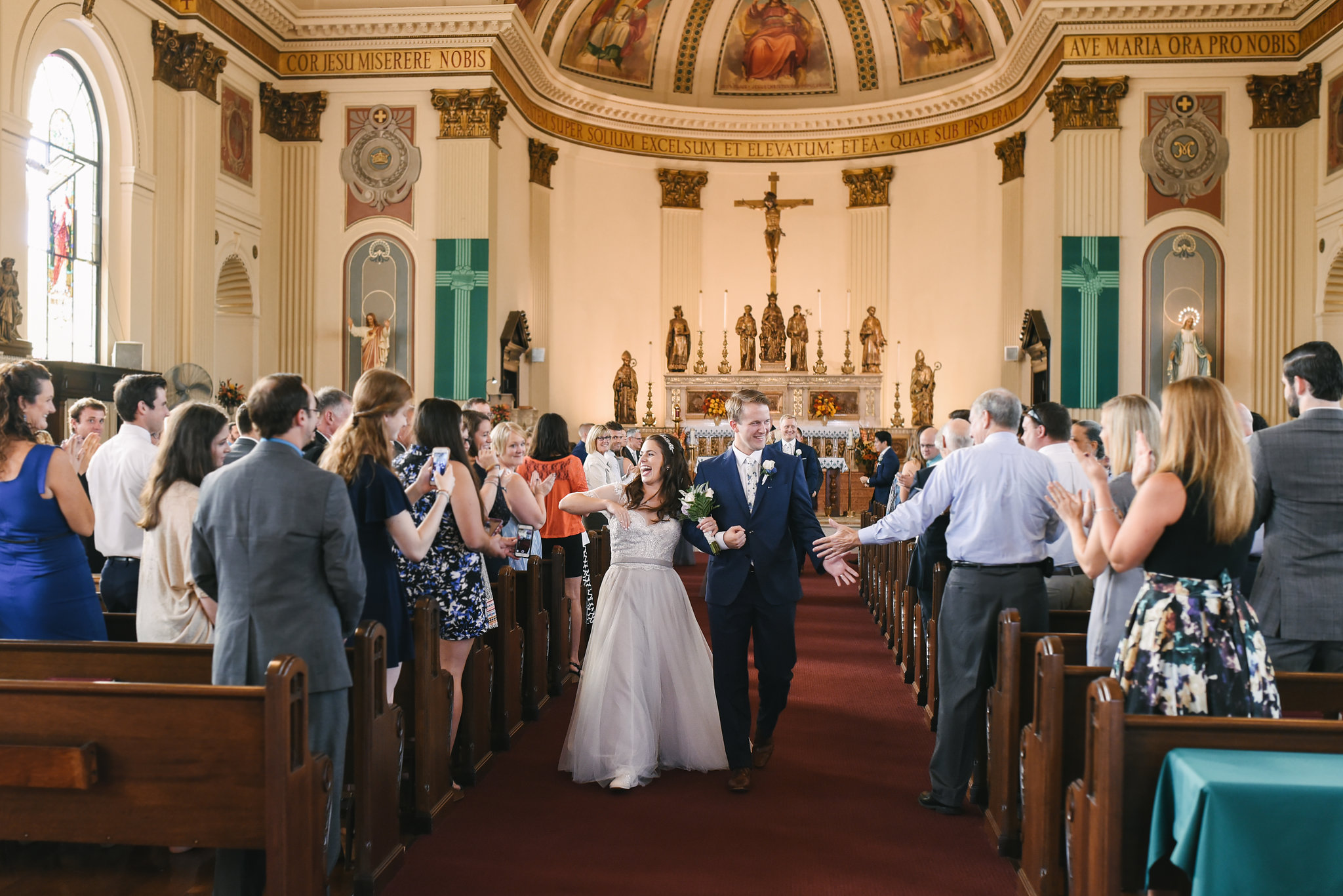  Baltimore, Canton, Church Wedding, Modern, Outdoors, Maryland Wedding Photographer, Romantic, Classic, St. Casimir Church, Bride and Groom laughing and walking down aisle, Just married 