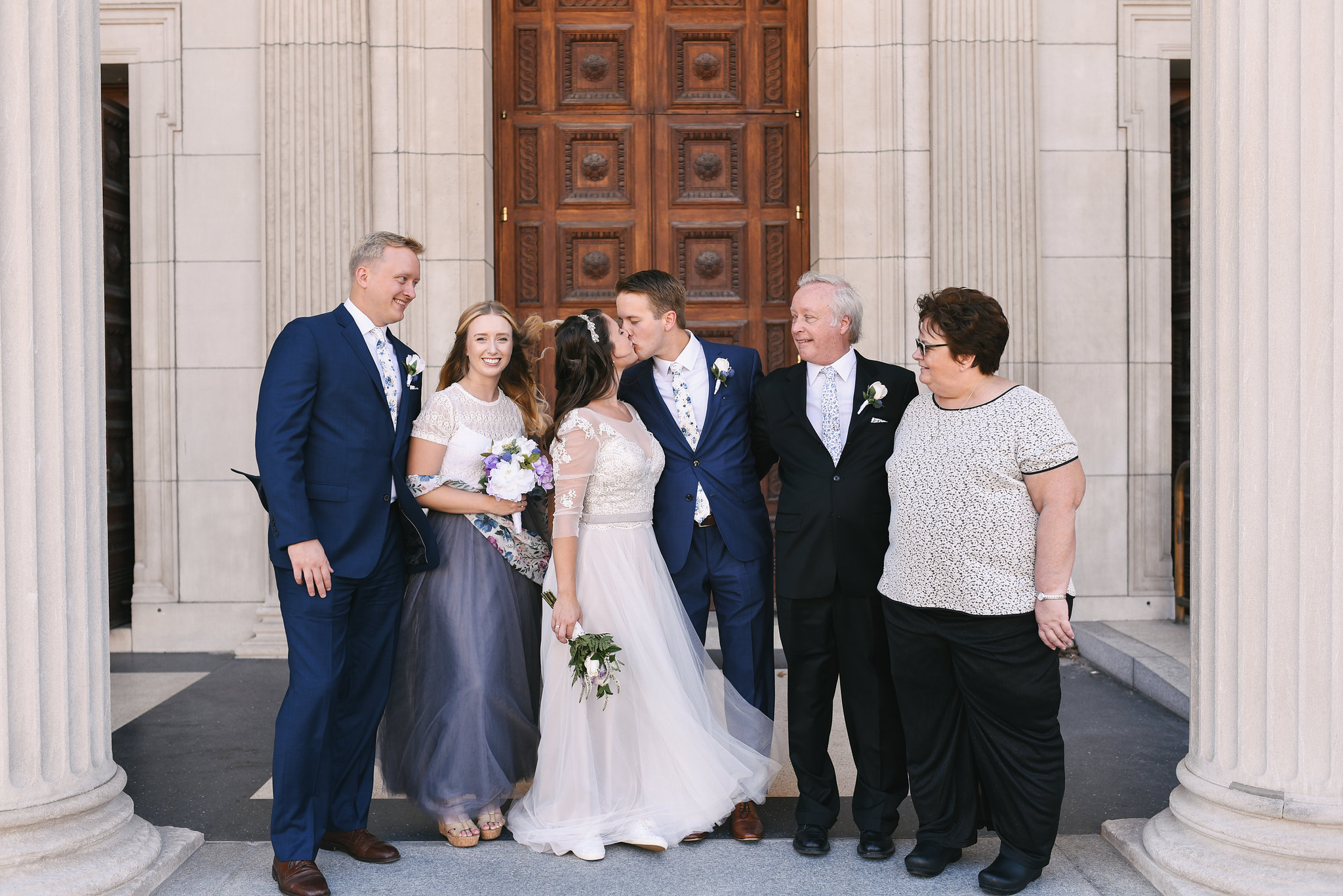  Baltimore, Canton, Church Wedding, Modern, Outdoors, Maryland Wedding Photographer, Romantic, Classic, St. Casimir Church, Portrait of bride and groom with family, bride and groom kissing 