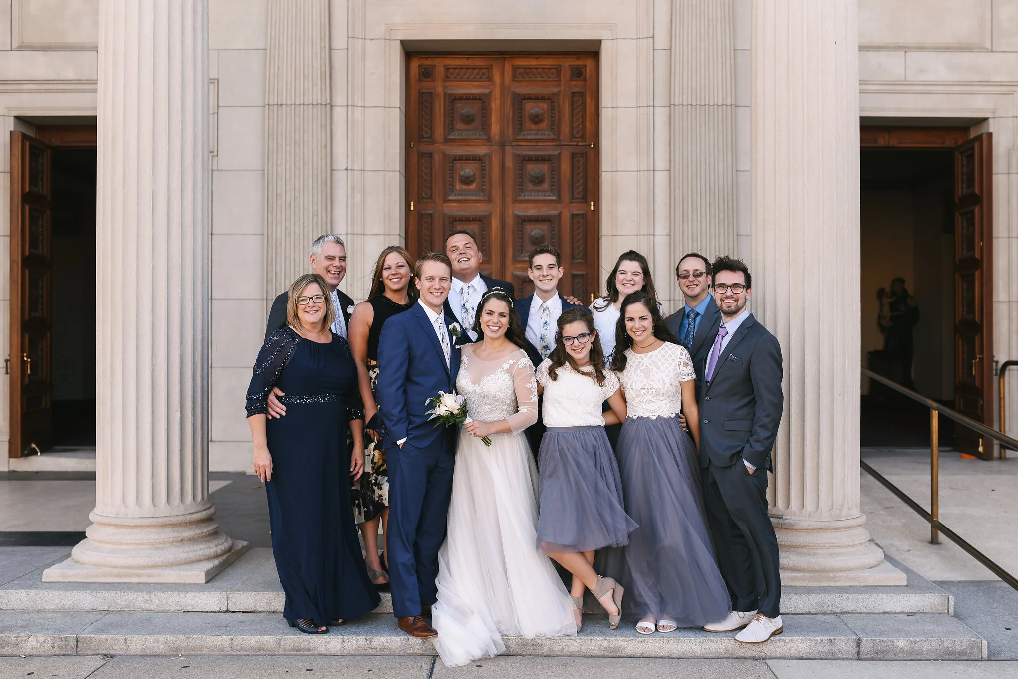 Baltimore, Canton, Church Wedding, Modern, Outdoors, Maryland Wedding Photographer, Romantic, Classic, St. Casimir Church, Portrait of bride and groom with family, white and purple roses