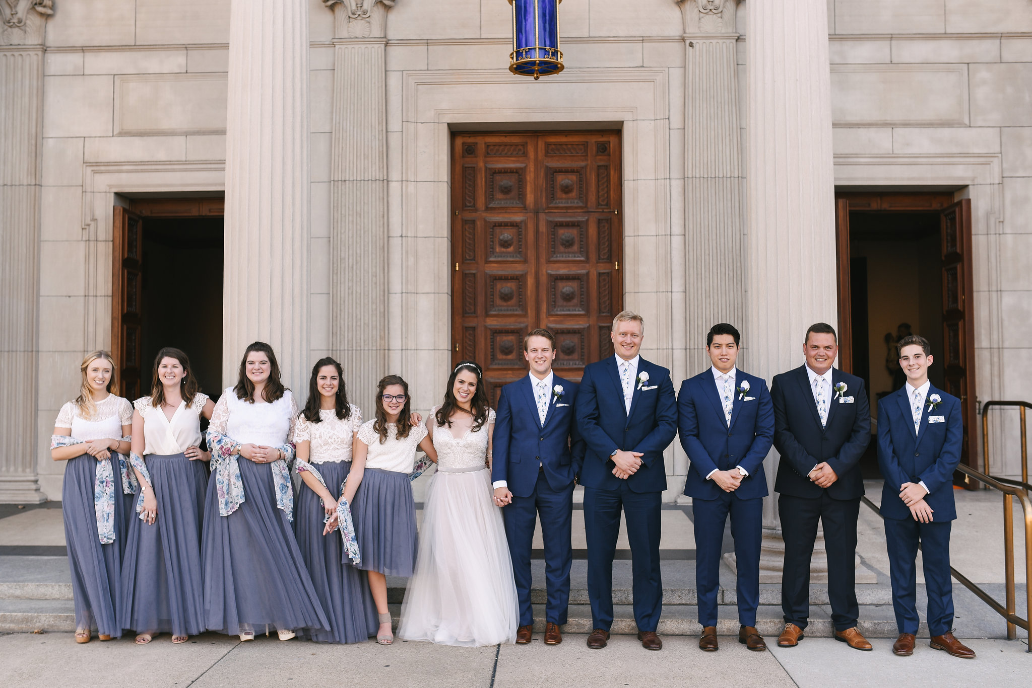  Baltimore, Canton, Church Wedding, Modern, Outdoors, Maryland Wedding Photographer, Romantic, Classic, St. Casimir Church, Portrait of wedding party, Blue groomsmen suits, white and gray bridesmaid dresses 