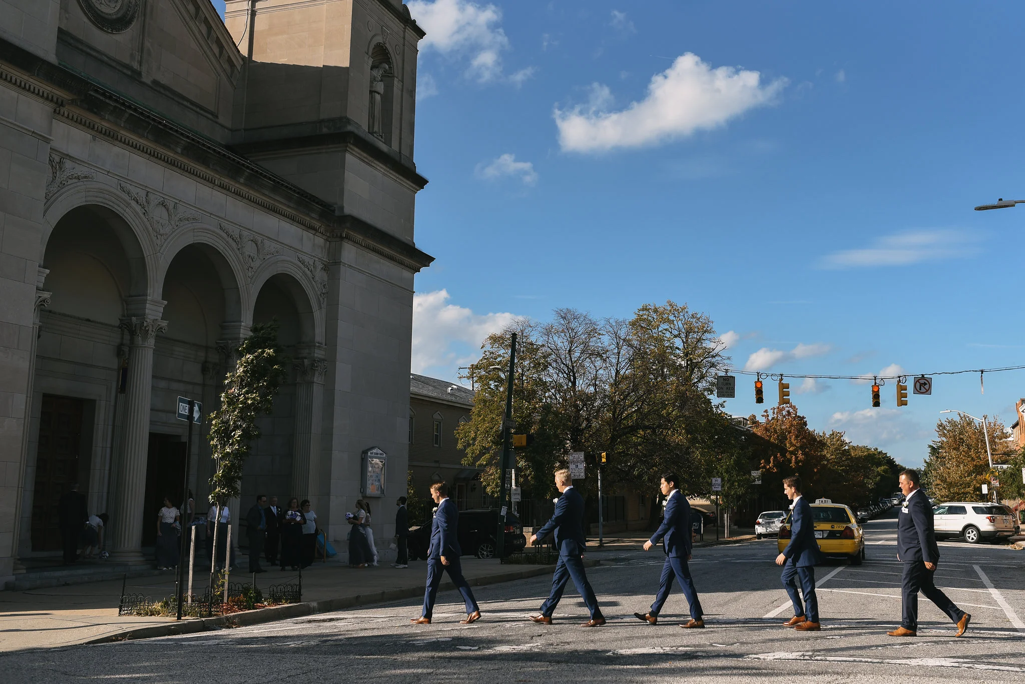 Baltimore, Canton, Church Wedding, Modern, Outdoors, Maryland Wedding Photographer, Romantic, Classic, Groom and Groomsmen walking across street, Walking Downtown