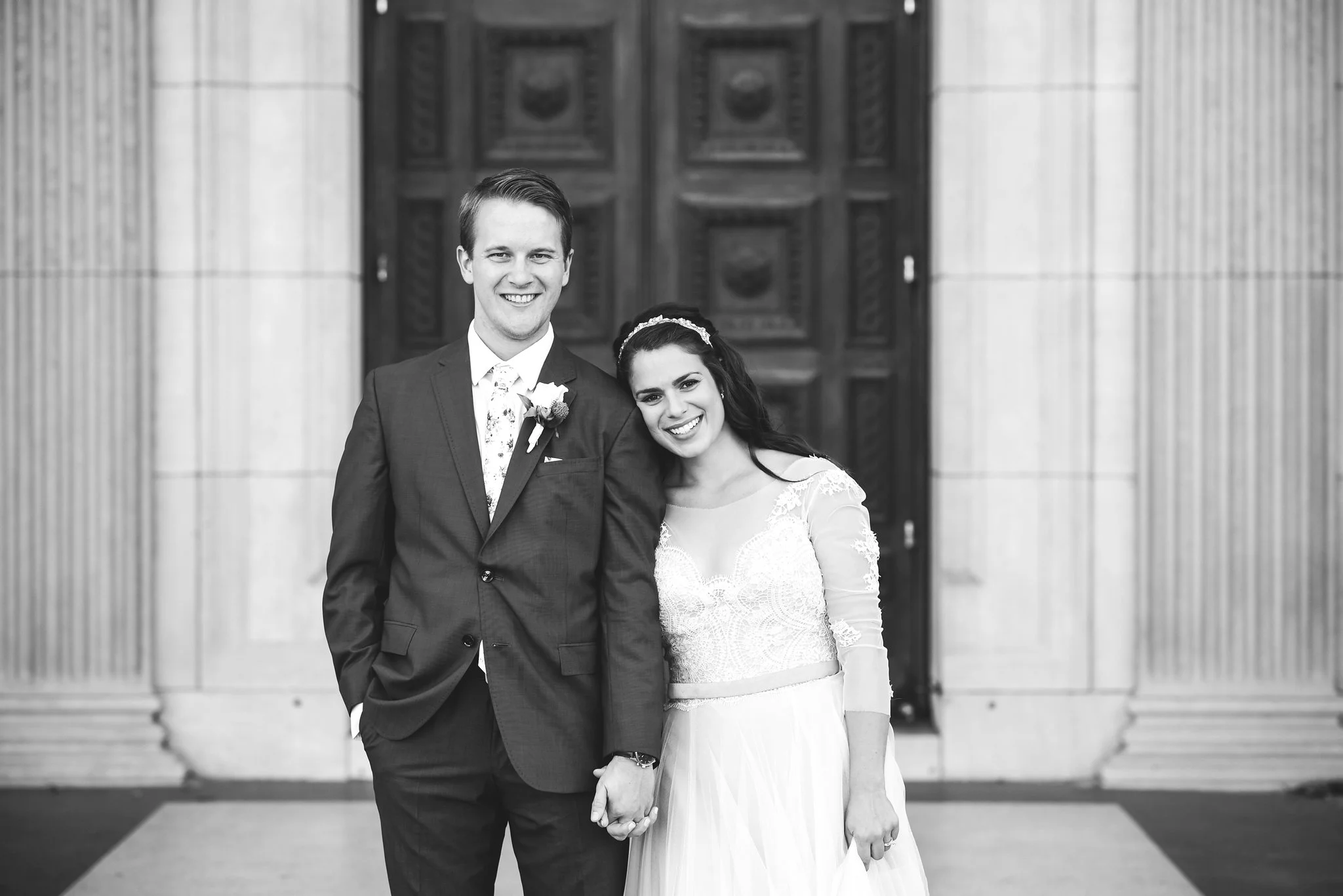 Baltimore, Canton, Church Wedding, Modern, Outdoors, Maryland Wedding Photographer, Romantic, Classic, St. Casimir Church, black and white photo, portrait of bride and groom holding hands outside of church