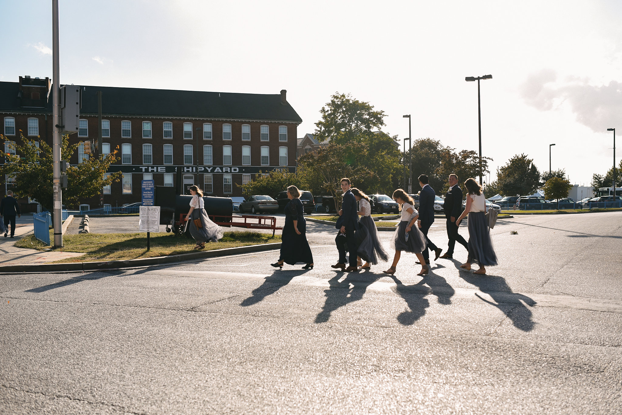  Baltimore, Canton, Church Wedding, Modern, Outdoors, Maryland Wedding Photographer, Romantic, Classic, St. Casimir Church, wedding party crossing street in downtown Baltimore 