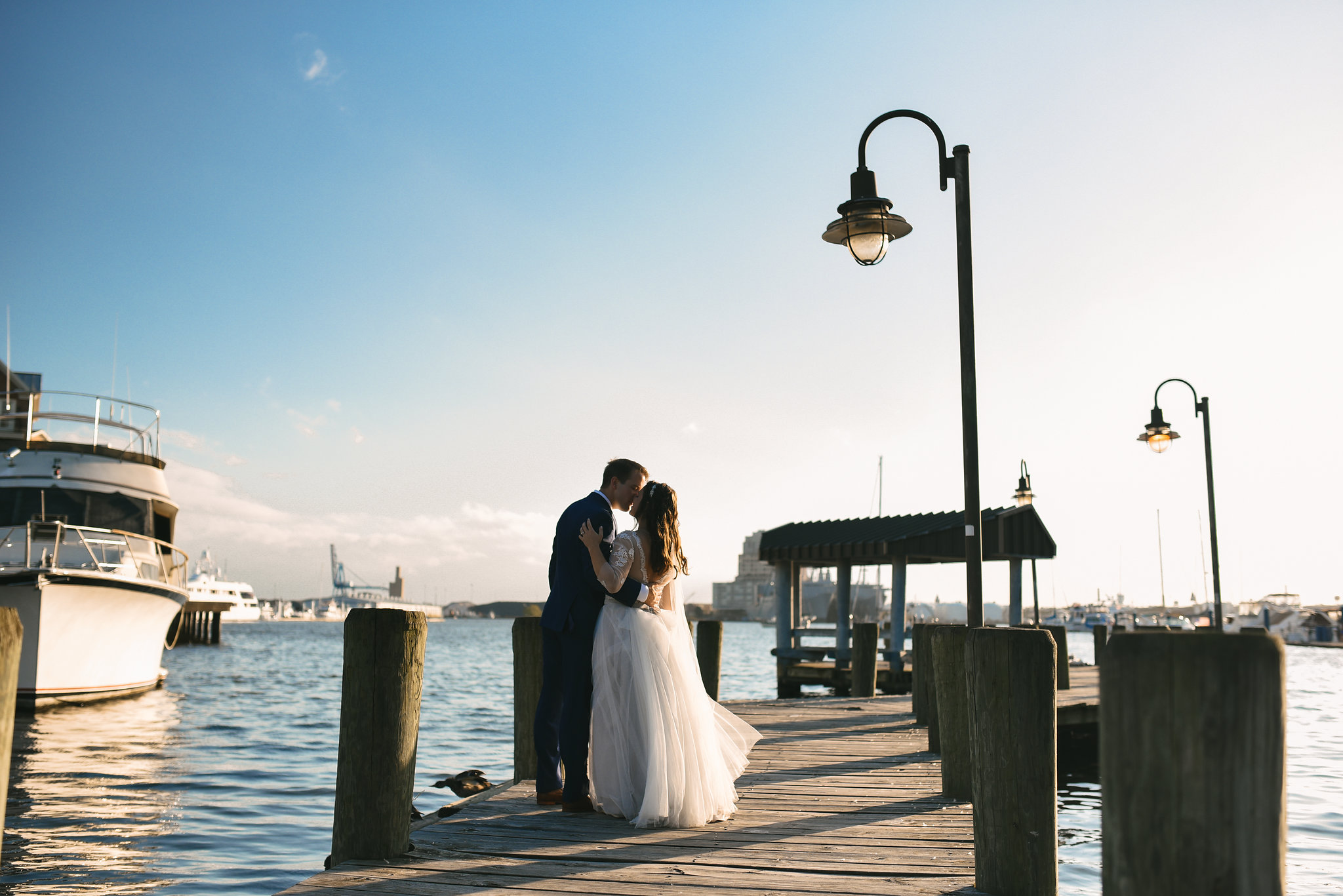  Baltimore, Canton, Modern, Outdoor Reception, Maryland Wedding Photographer, Romantic, Classic, Boston Street Pier Park, Bride and Groom kissing at Waterfront, Portrait 