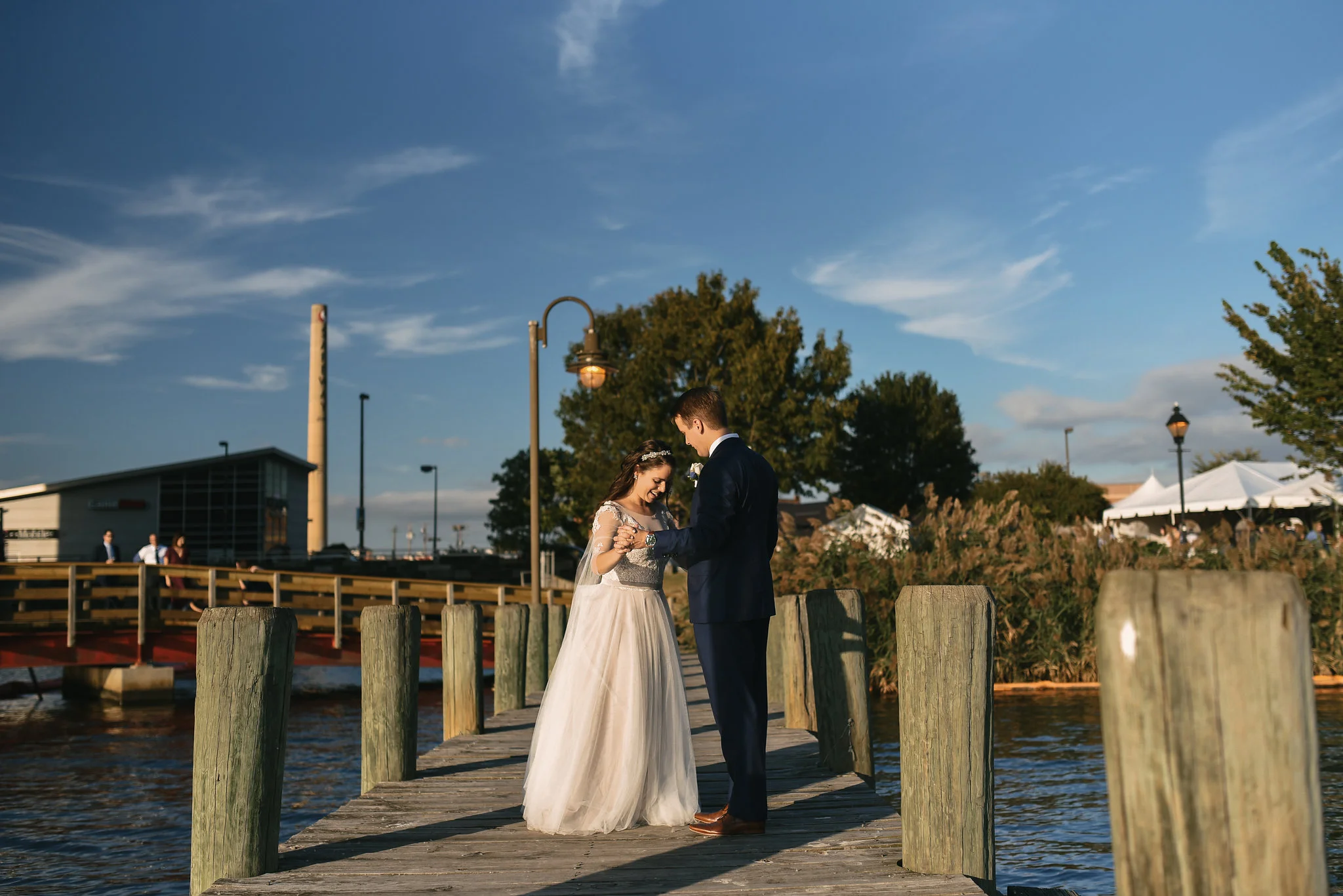 Baltimore, Canton, Modern, Outdoor Reception, Maryland Wedding Photographer, Romantic, Classic, Boston Street Pier Park, Bride and groom dancing on pier, Waterfront