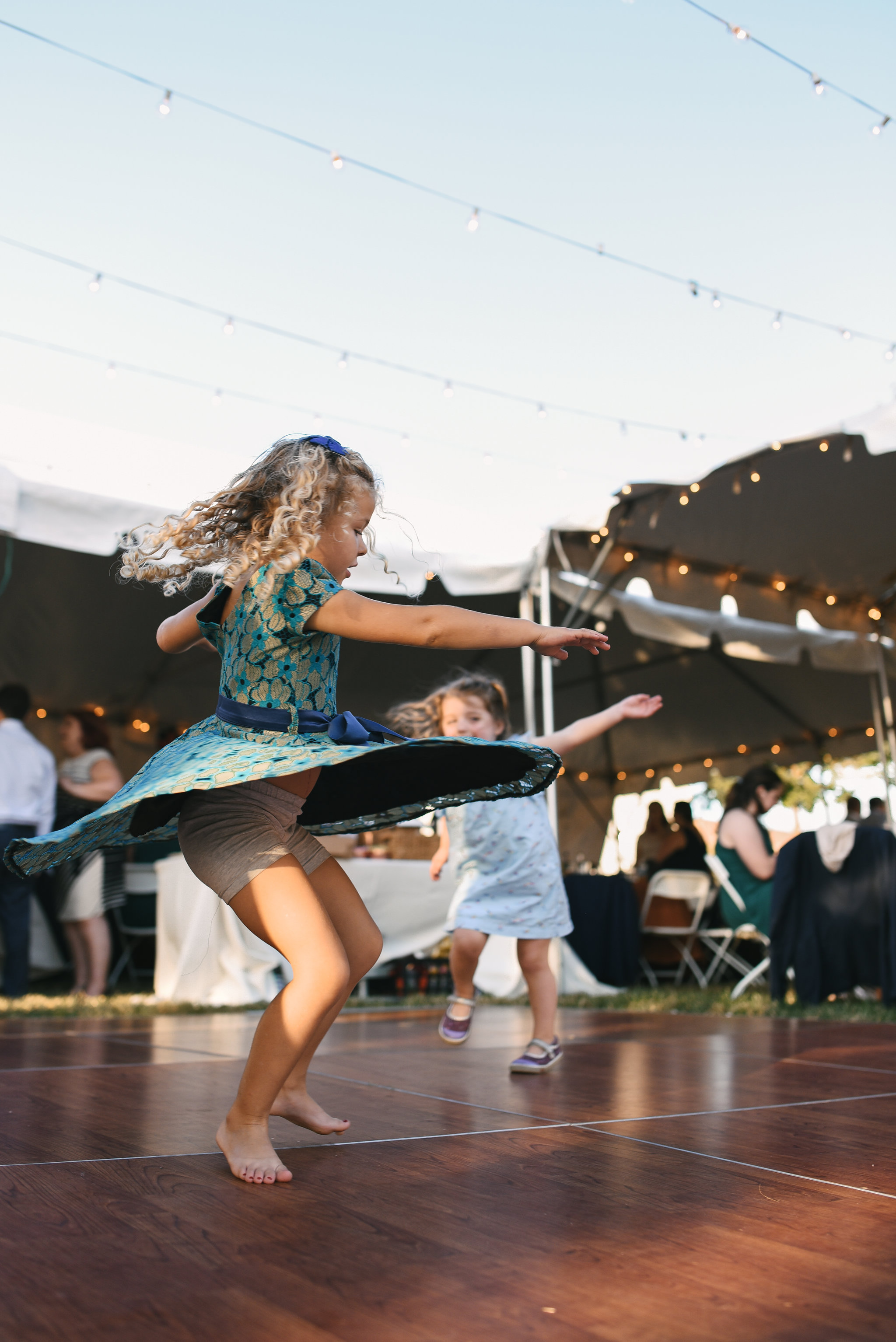  Baltimore, Canton, Modern, Outdoor Reception, Maryland Wedding Photographer, Romantic, Classic, Boston Street Pier Park, Cute photo of little girls dancing and spinning on dancefloor 