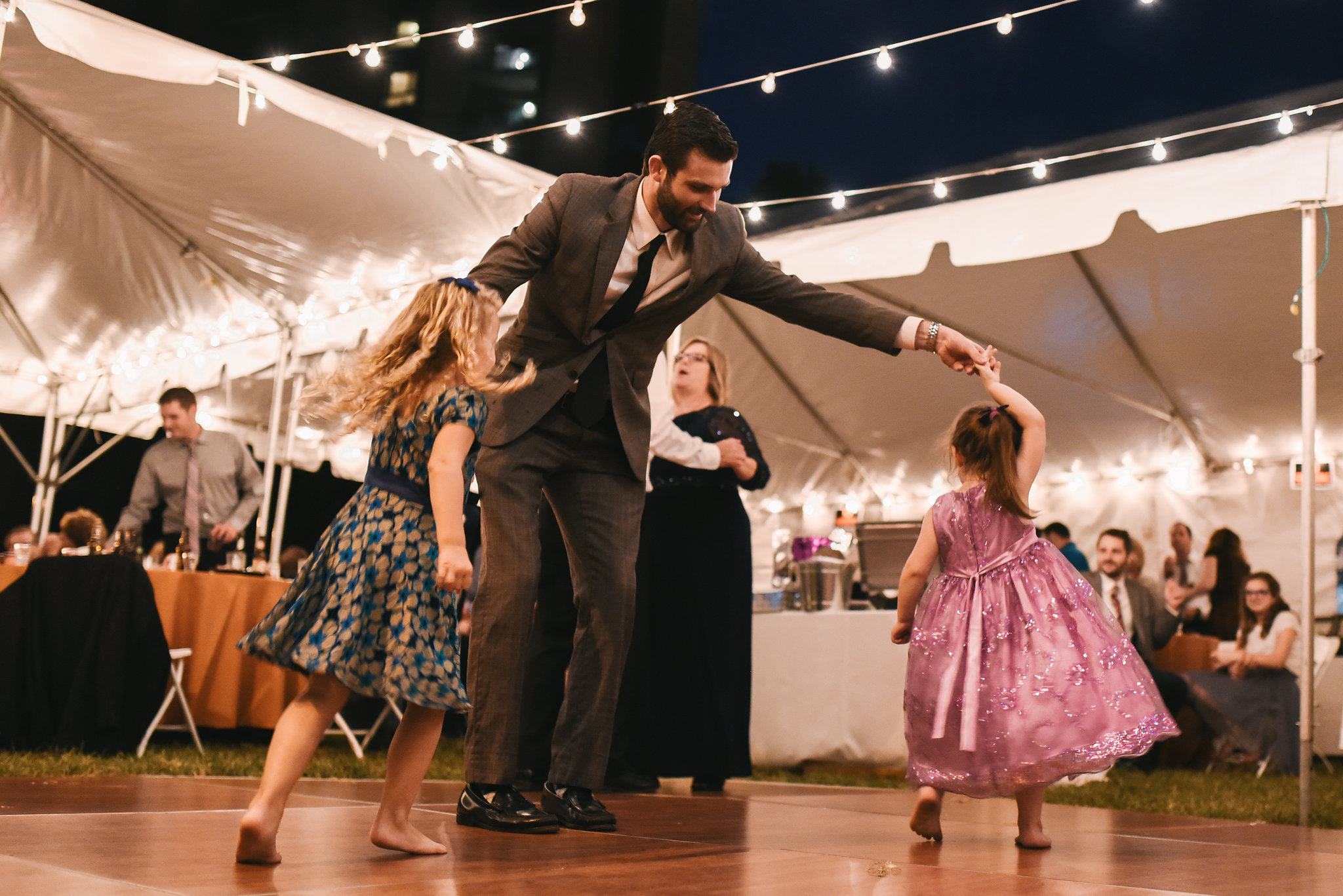  Baltimore, Canton, Modern, Outdoor Reception, Maryland Wedding Photographer, Romantic, Classic, Boston Street Pier Park, Guest dancing with little girls at reception 