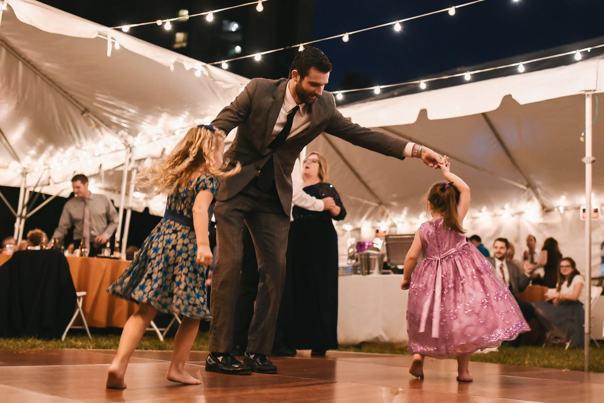 Baltimore, Canton, Modern, Outdoor Reception, Maryland Wedding Photographer, Romantic, Classic, Boston Street Pier Park, Guest dancing with little girls at reception