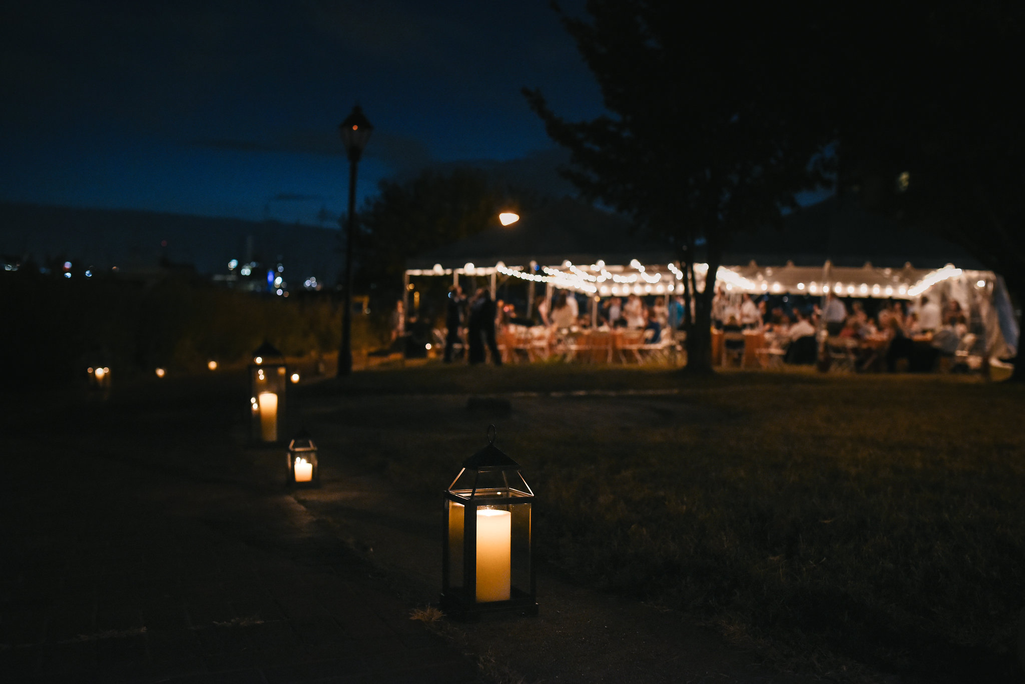  Baltimore, Canton, Modern, Outdoor Reception, Maryland Wedding Photographer, Romantic, Classic, Boston Street Pier Park, Lanterns along waterfront, Reception with string lights at night 