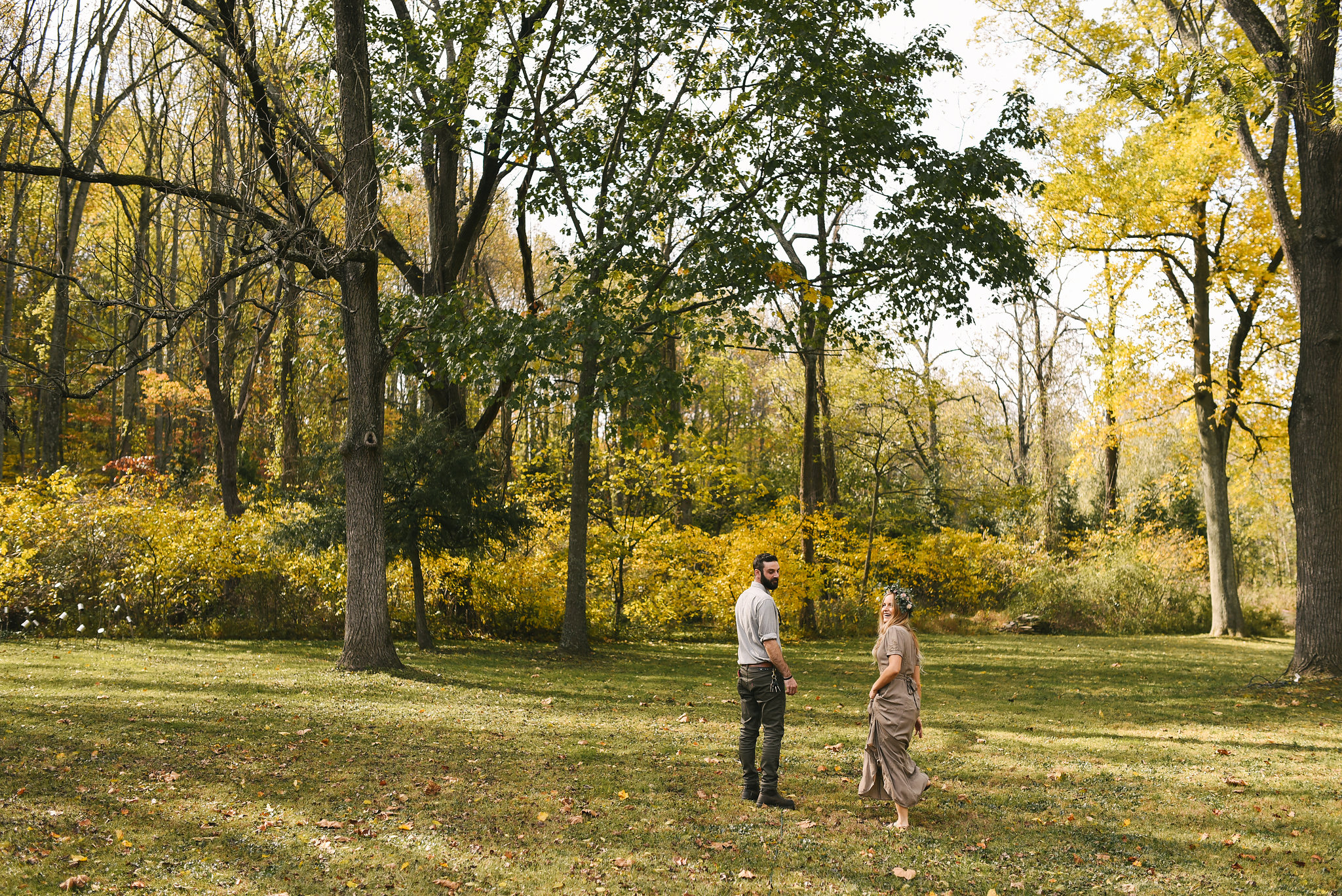 Baltimore, Maryland Wedding Photographer, Backyard Wedding, DIY, Rustic, Casual, Fall Wedding, Woodland, Bride and Groom Walking Through Field