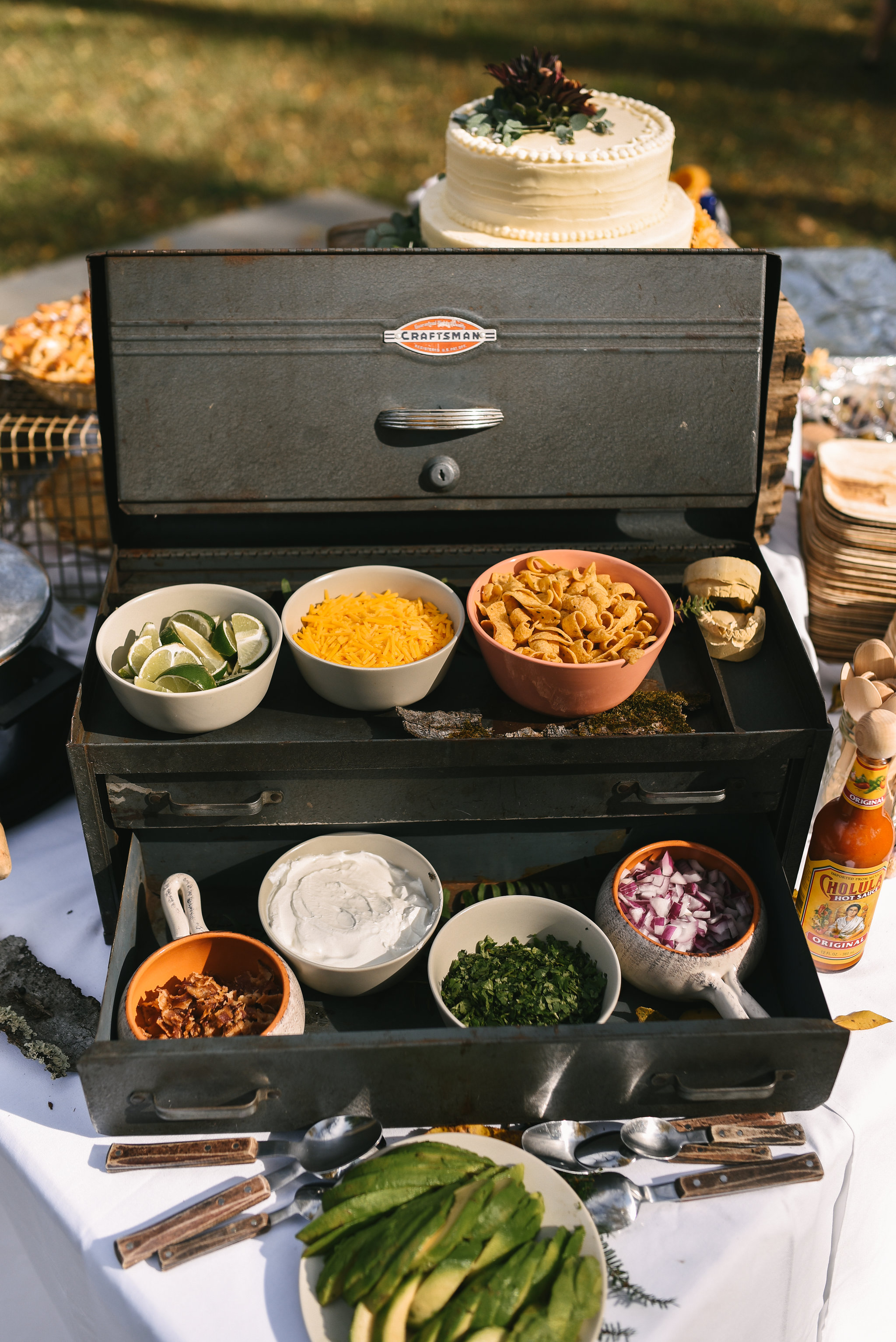  Baltimore, Maryland Wedding Photographer, Backyard Wedding, DIY, Rustic, Casual, Fall Wedding, Woodland, Craftsman Tool Chest with Taco Bar Fixings, Dinner at Reception 