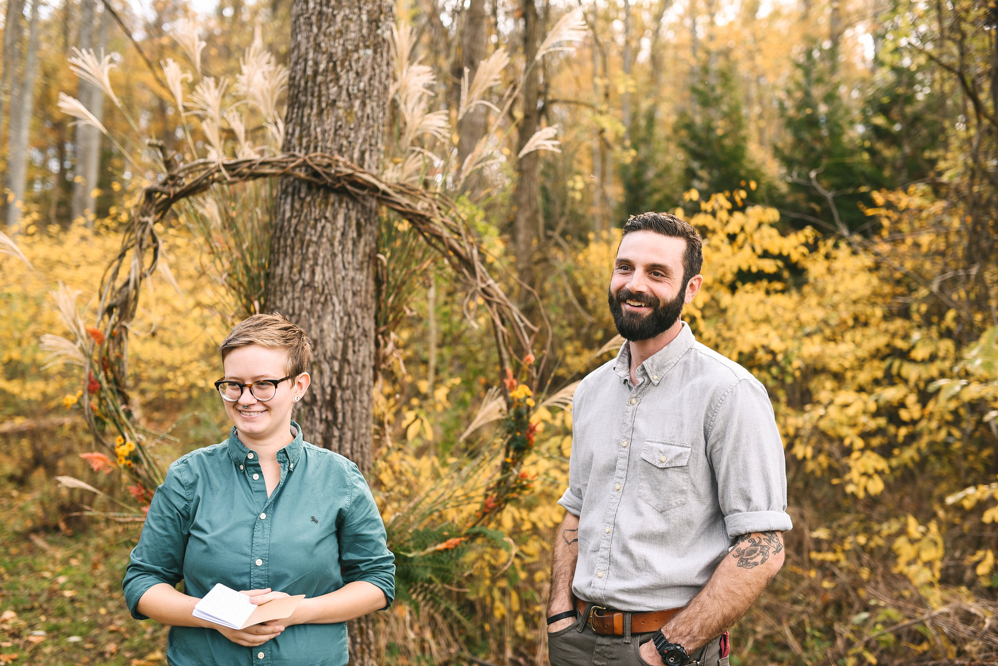  Baltimore, Maryland Wedding Photographer, Backyard Wedding, DIY, Rustic, Casual, Fall Wedding, Woodland, Groom Standing with Officiant  