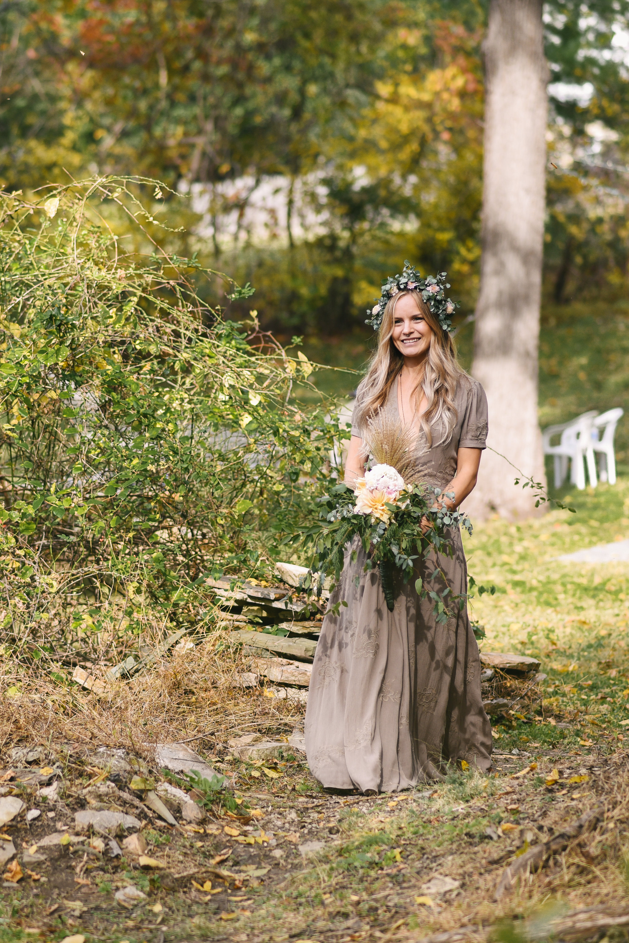  Baltimore, Maryland Wedding Photographer, Backyard Wedding, DIY, Rustic, Casual, Fall Wedding, Woodland, Butterbee Bridal Bouquet, Brightside Boutique Dress, Bride Walking Down Aisle  