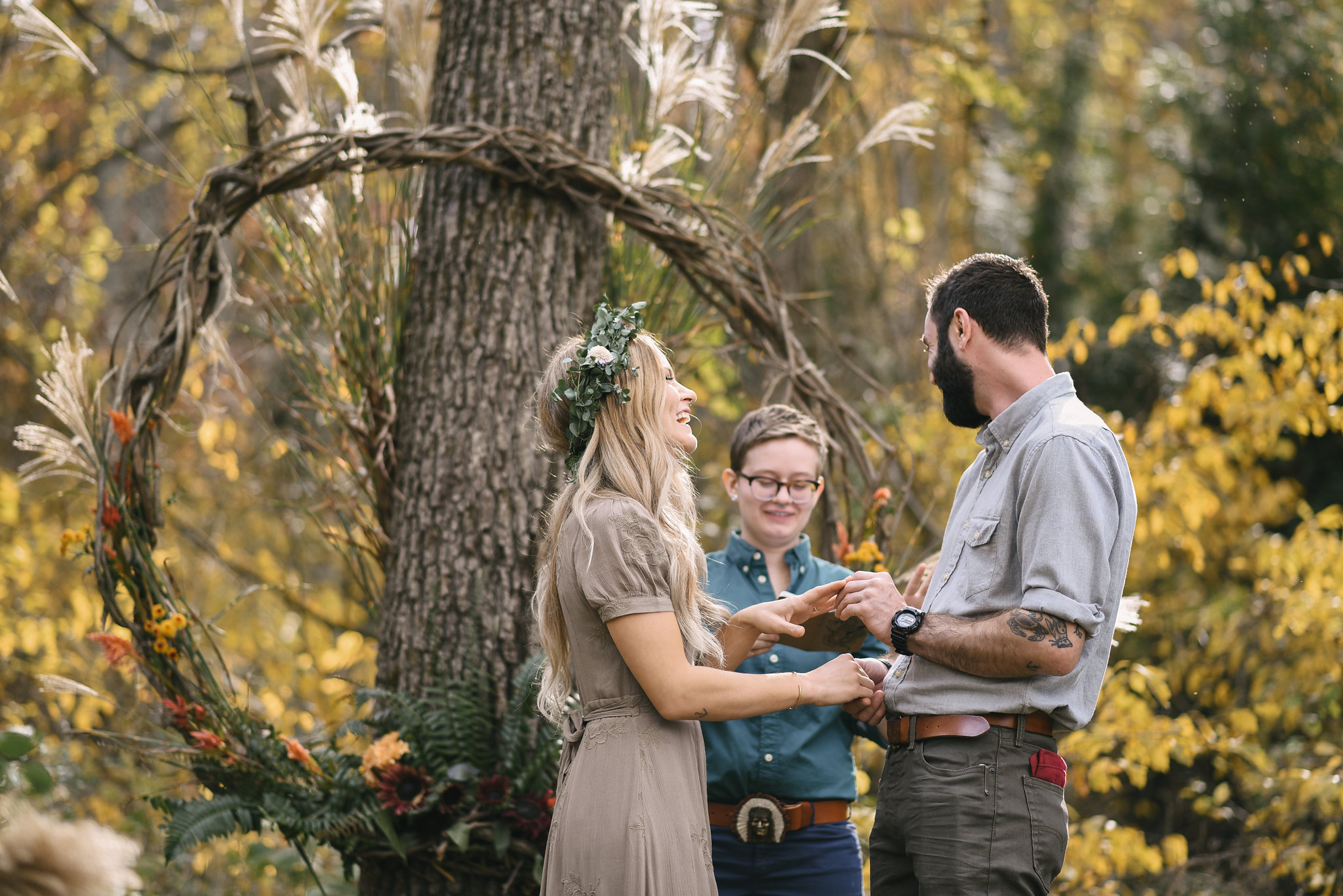  Baltimore, Maryland Wedding Photographer, Backyard Wedding, DIY, Rustic, Casual, Fall Wedding, Woodland, Bride and Groom Laughing During Ceremony 