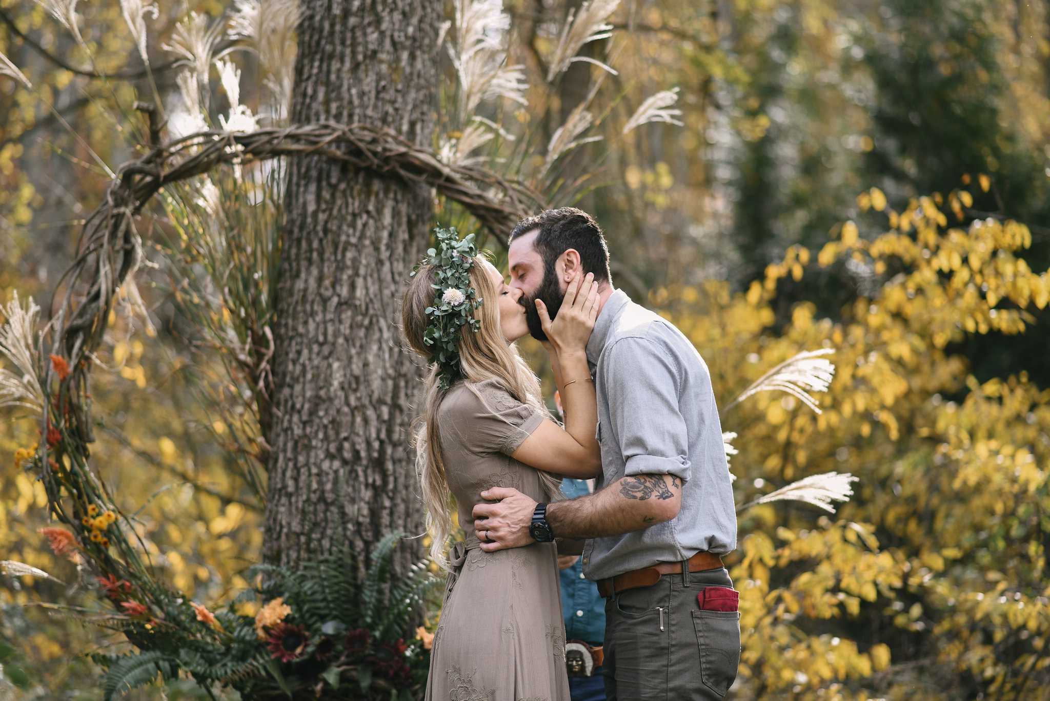  Baltimore, Maryland Wedding Photographer, Backyard Wedding, DIY, Rustic, Casual, Fall Wedding, Woodland, Bride and Groom Share First Kiss, Butterbee Farm Flower Crown, Levi’s 