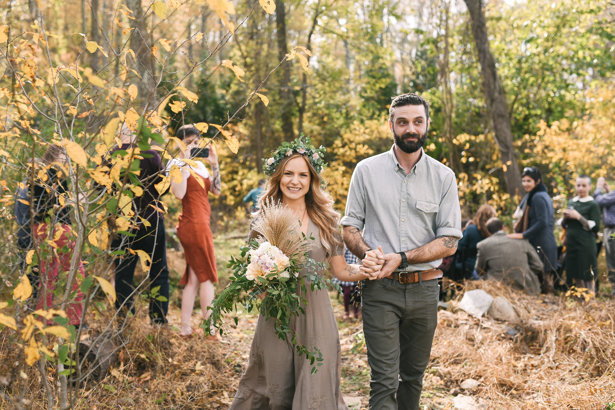 Baltimore, Maryland Wedding Photographer, Backyard Wedding, DIY, Rustic, Casual, Fall Wedding, Woodland, Bride and Groom Holding Hands and Smiling, Butterbee Farm, Flower Crown