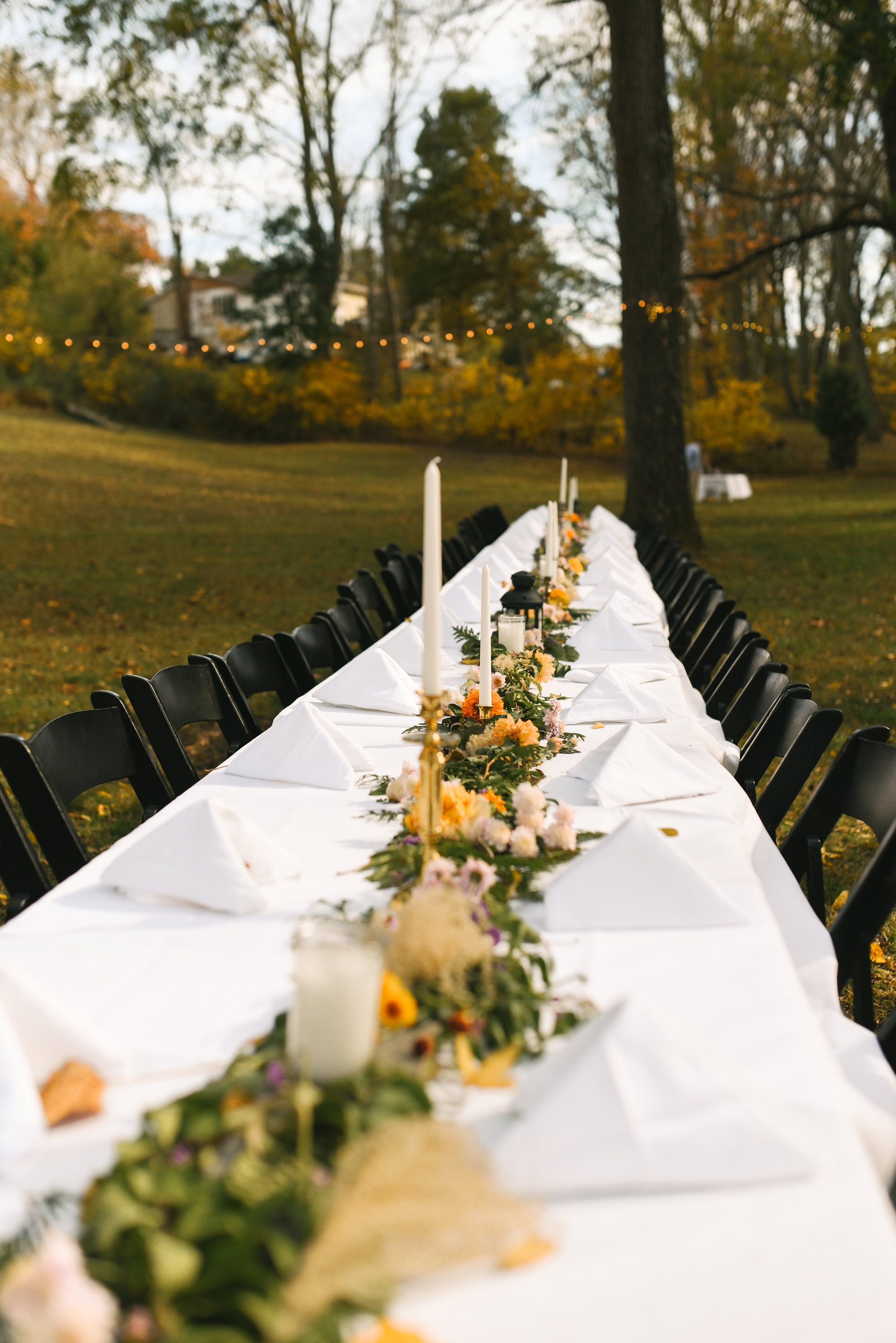  Baltimore, Maryland Wedding Photographer, Backyard Wedding, DIY, Rustic, Casual, Fall Wedding, Woodland, Banquet Table at Reception, Butterbee Farm Floral Centerpieces 