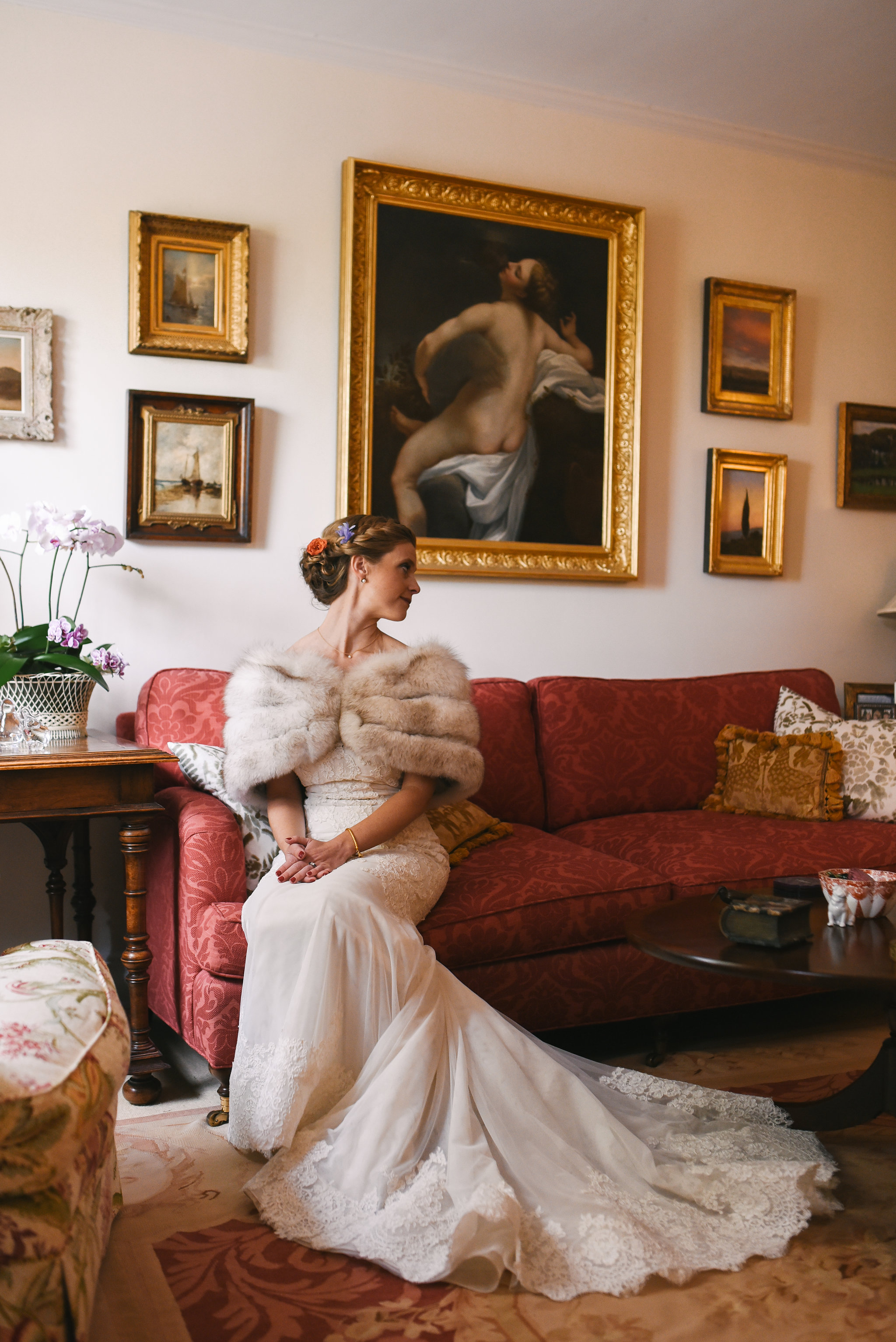 Alexandria, Fall Wedding, Historic, Old Town, DC, Fur Wrap, Glam, The London Bob Hair Design, St. Paul’s Episcopal Church Wedding, Admiring the Dress, Lian Carlo Wedding Dress, DC Wedding Photographer