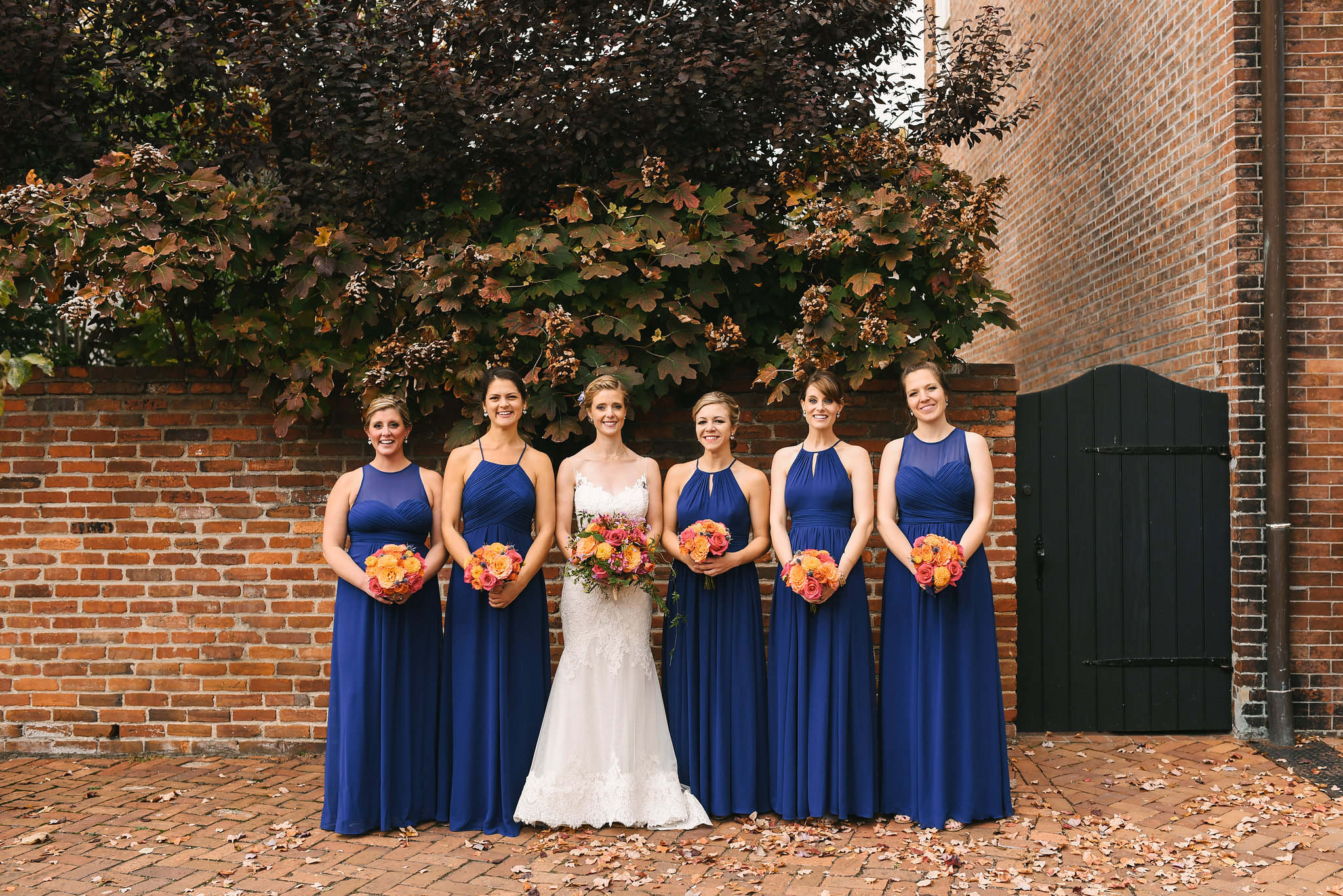 Alexandria, Virginia, Fall Wedding, Historic Wedding, Old Town, DC, Lian Carlo Wedding Dress, Lace Wedding Dress, The Enchanted Florist Bouquet, Bride and Bridesmaids, Blue Bridesmaid Dresses