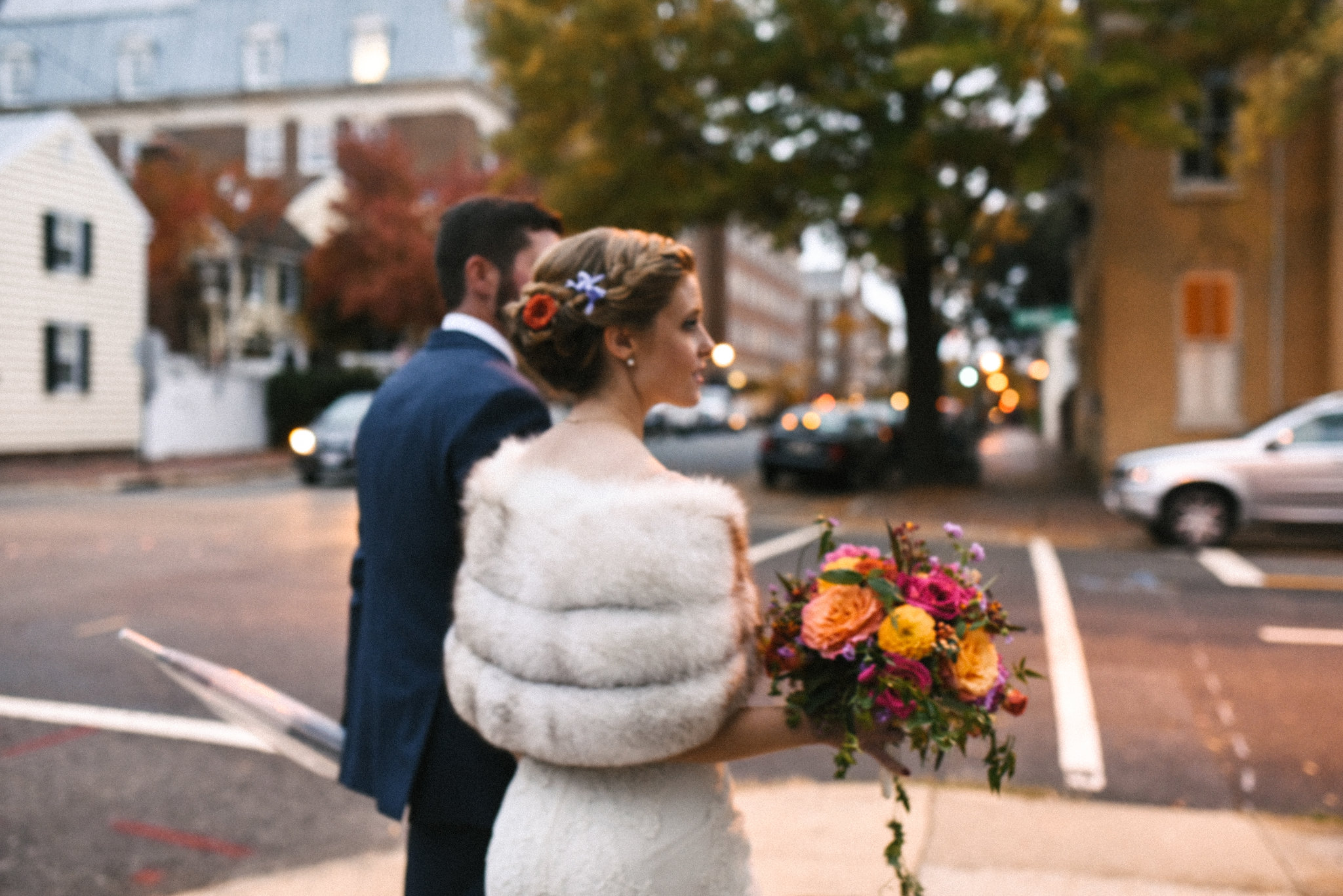 Alexandria, DC, Jos A. Bank Suit, Lian Carlo Wedding Dress, Bride and Groom, Candid Photo, Old Town, The Enchanted Florist, Wedding Flowers, Evening Wedding