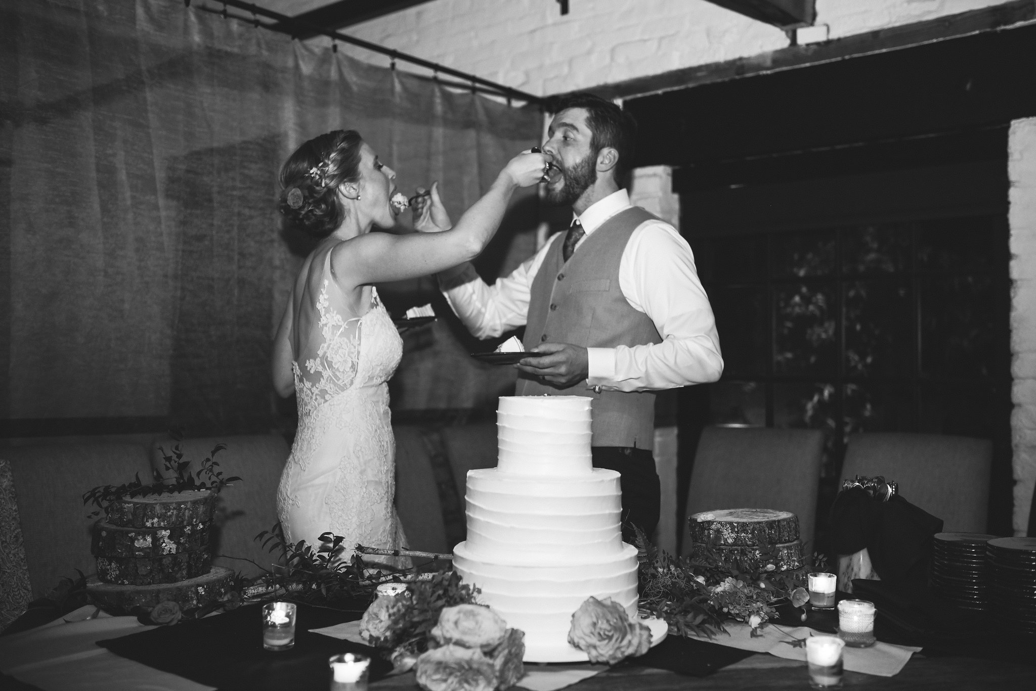 Alexandria, DC, Lian Carlo Wedding Dress, Bride and Groom, Black and White Photo, Virtue Feed and Grain, Reception, Wedding Cake, Pastries by Rudolph, Cutting the Cake, Baltimore Wedding Photographer