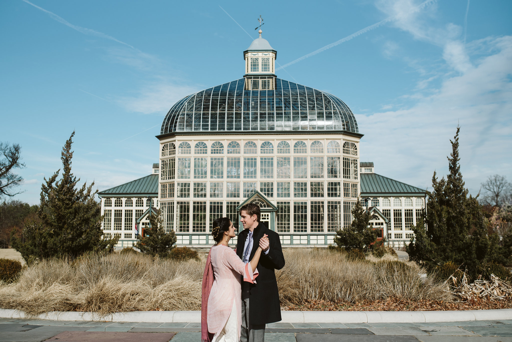 Elopement, Rawlings Conservatory, Greenhouse, Maryland Wedding Photographer, Indian American, Outdoor, Nature, Romantic, Garden, Bride and Groom Dancing, Whimsical, Location Photo, Pink Sari