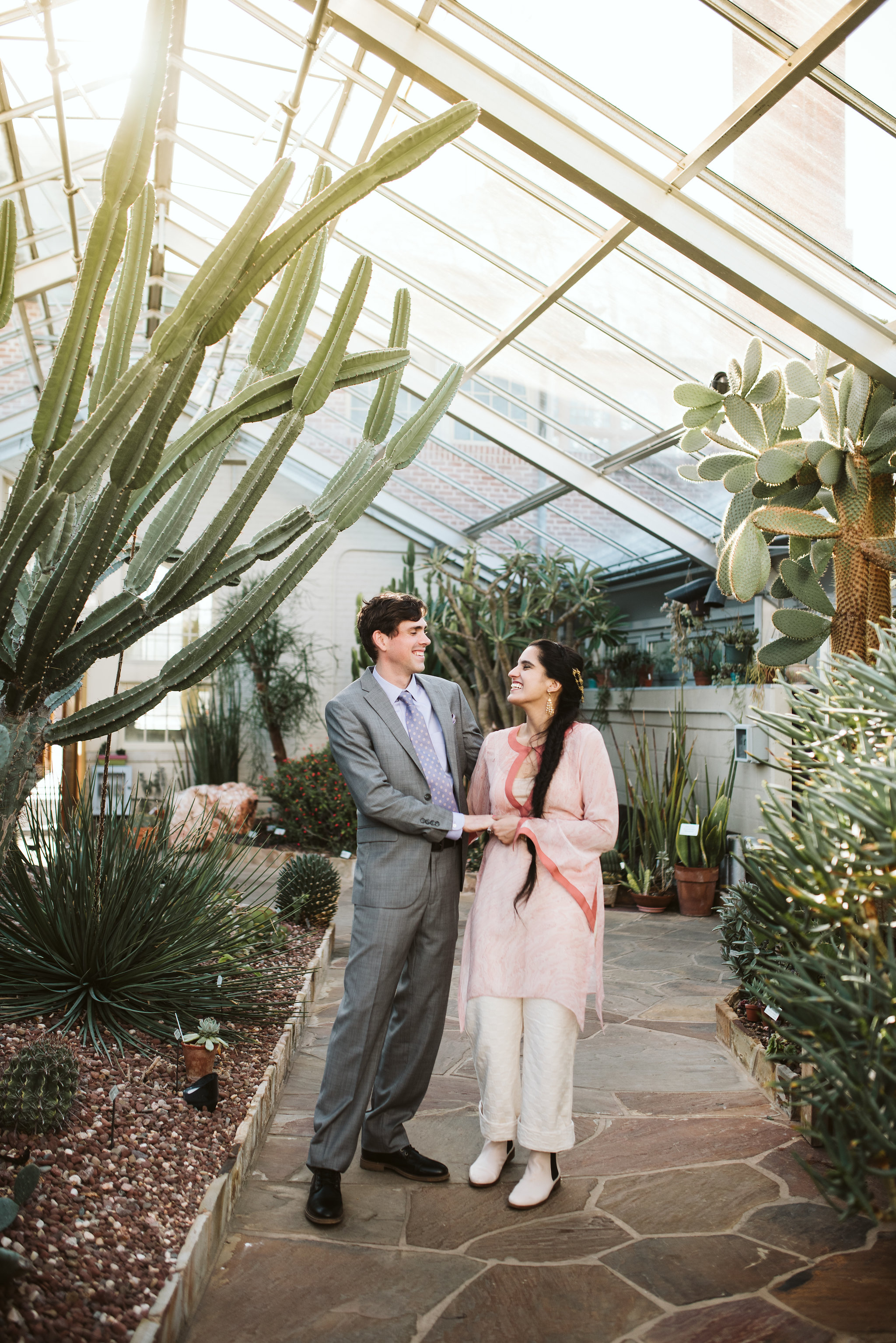 Elopement, Weekday Wedding, Baltimore, Rawlings Conservatory, Greenhouse, Maryland Wedding Photographer, Indian American, Nature, Romantic, Garden, Bride and Groom Laughing, Cactus