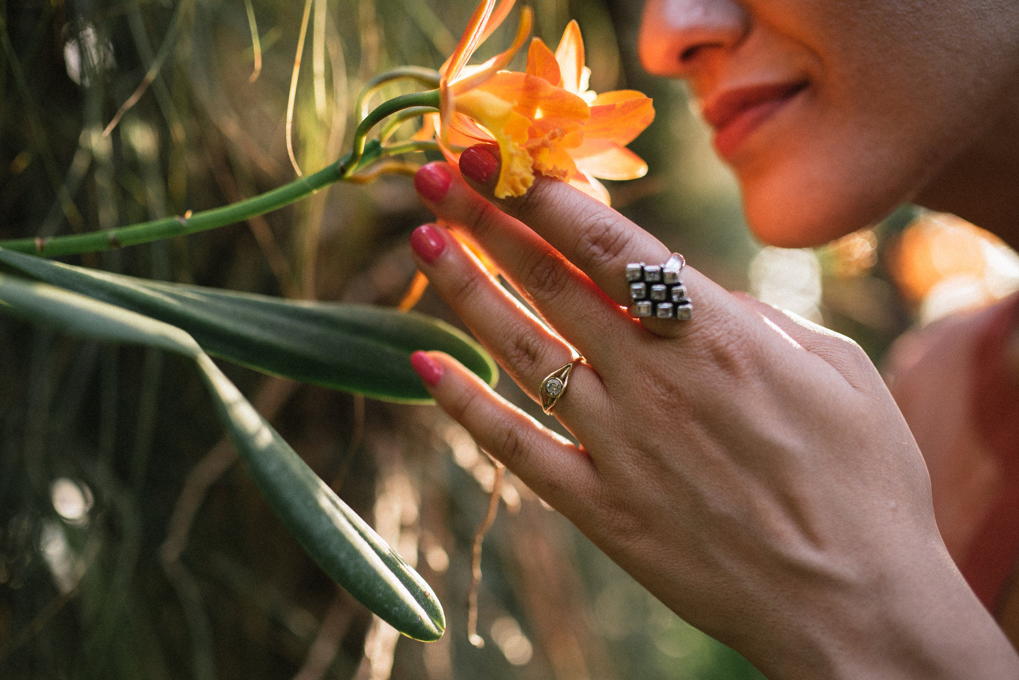 Elopement, Baltimore, Rawlings Conservatory, Greenhouse, Maryland Wedding Photographer, Indian American, Nature, Romantic, Garden, Bride Smelling Flower, Wedding Flowers, The Ring, Wedding Jewelry