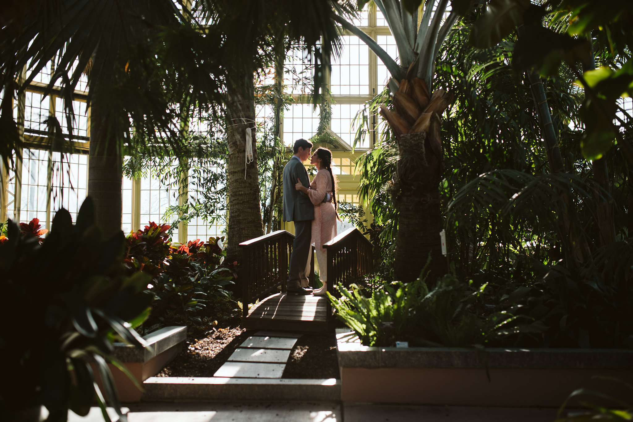 Weekday Wedding, Baltimore, Rawlings Conservatory, Greenhouse, Maryland Wedding Photographer, Indian American, Nature, Romantic, Garden, Bride and Groom on Bridge, Forest Photo, Candid Photo