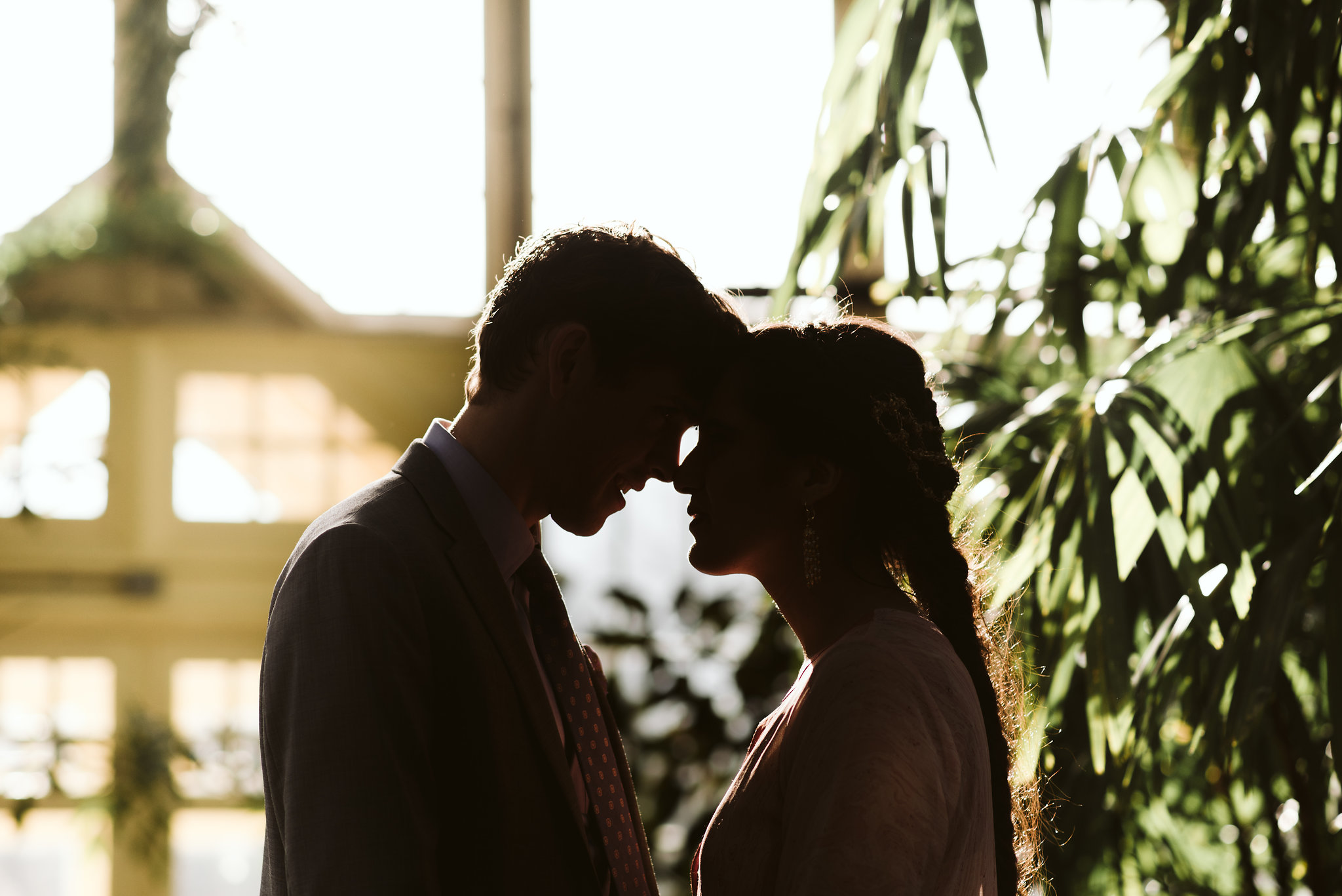 Elopement, Weekday Wedding, Rawlings Conservatory, Greenhouse, Maryland Wedding Photographer, Indian American, Nature, Romantic, Garden, Sweet Moments, Candid Photo, Bride and Groom Silhouette
