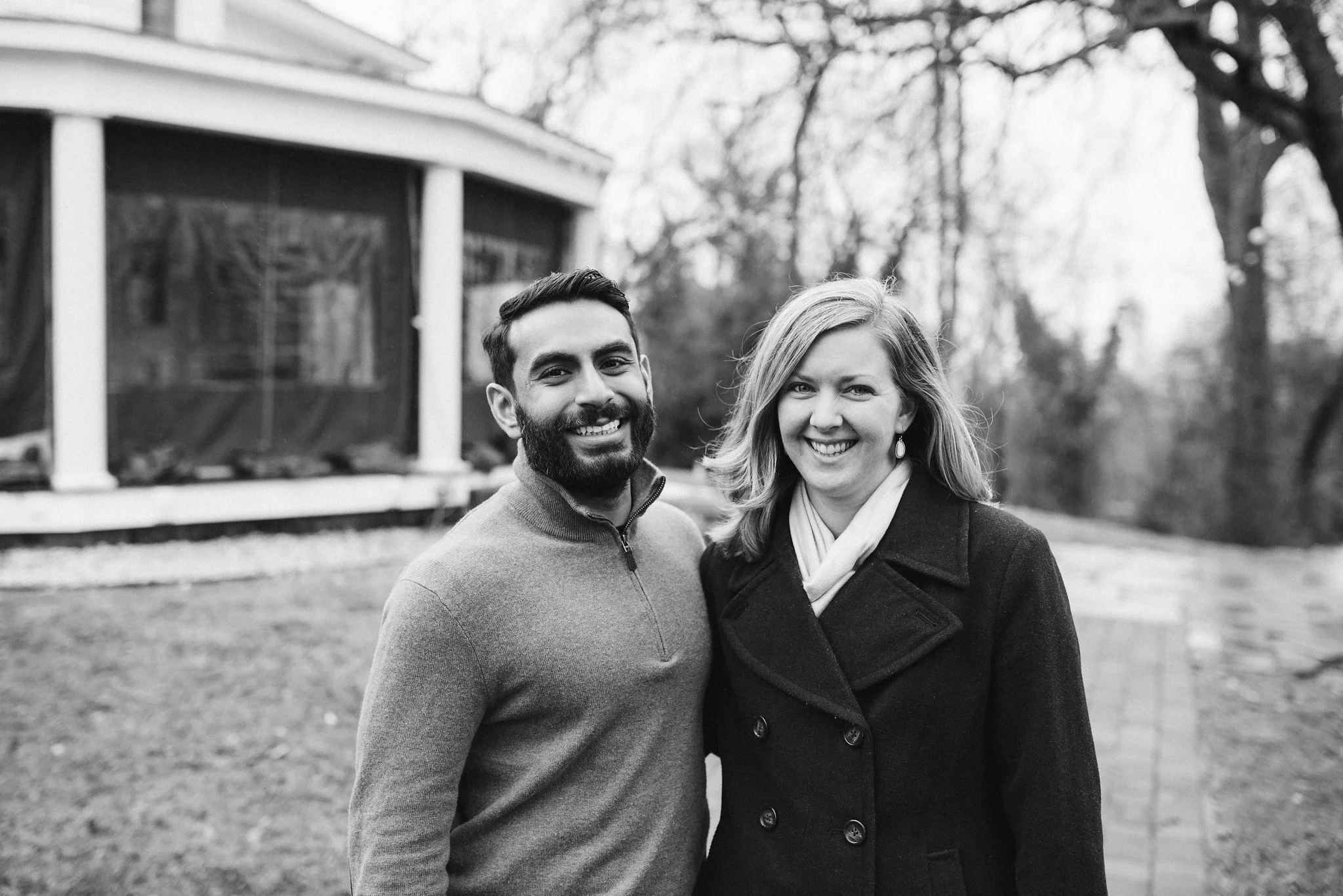 Engagement Photos, Rainy, Ellicott City, Maryland Wedding Photographer, Winter, Overhills Mansion, Indian American, Classic, Traditional, Outdoor, Black and White Photo, Bride and Groom Smiling