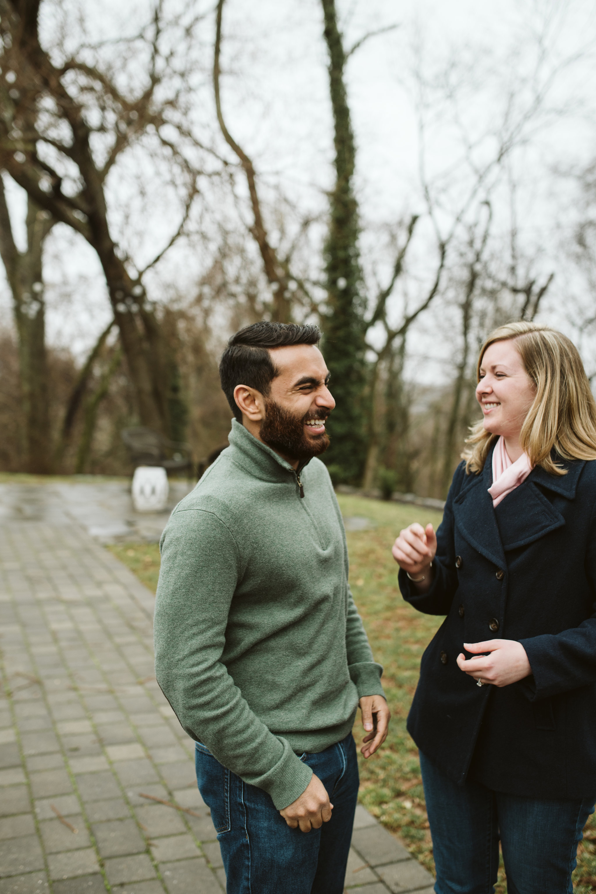 Engagement Photos, Rainy, Ellicott City, Maryland Wedding Photographer, Winter, Overhills Mansion, Indian American, Historical, Classic, Traditional, Outdoor, Laughing, Bride and Groom having fun