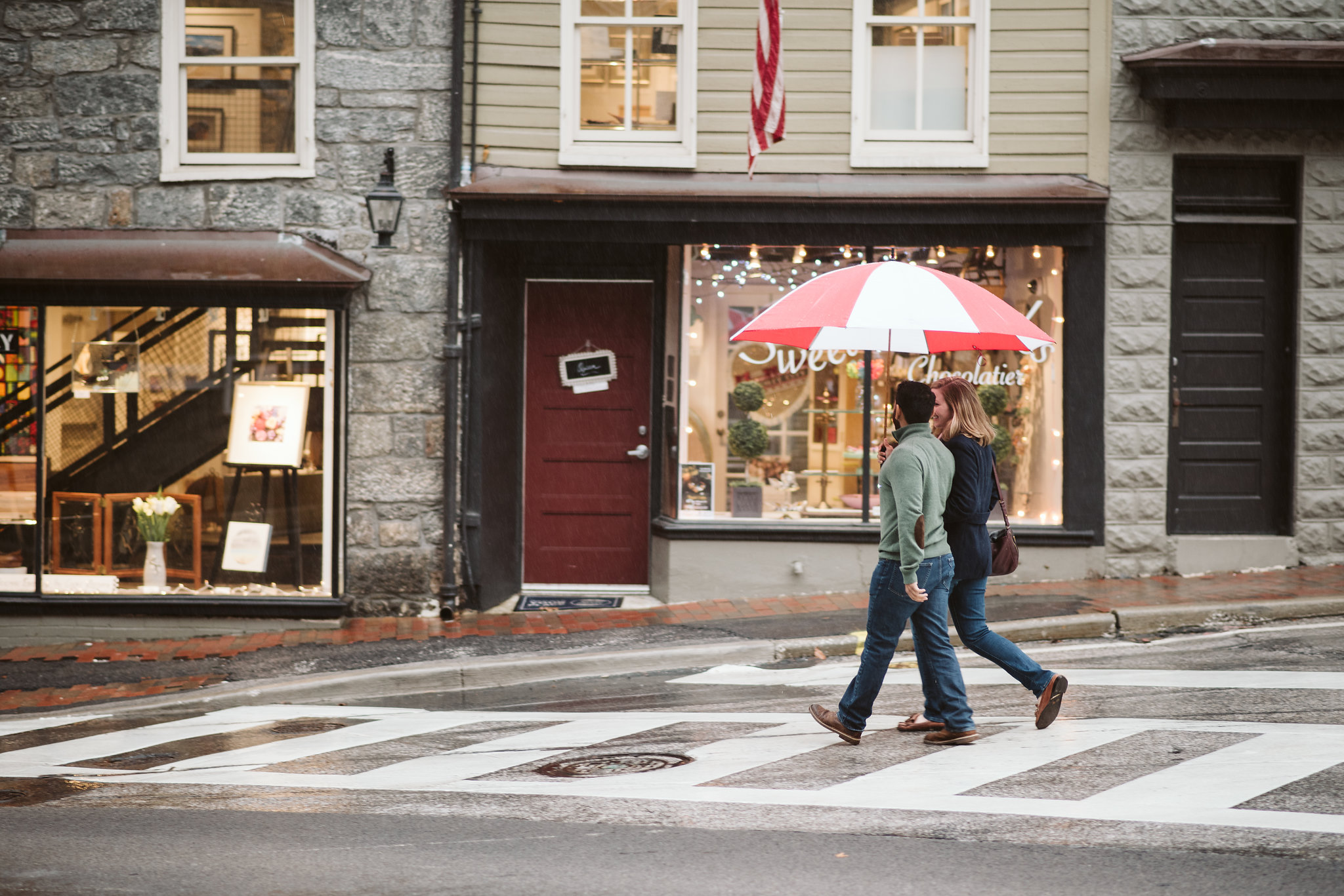 Engagement Photos, Rainy, Ellicott City, Maryland Wedding Photographer, Winter, Historical, Classic, Traditional, Outdoor, Bride and Groom Walking Downtown, Walking in the Rain