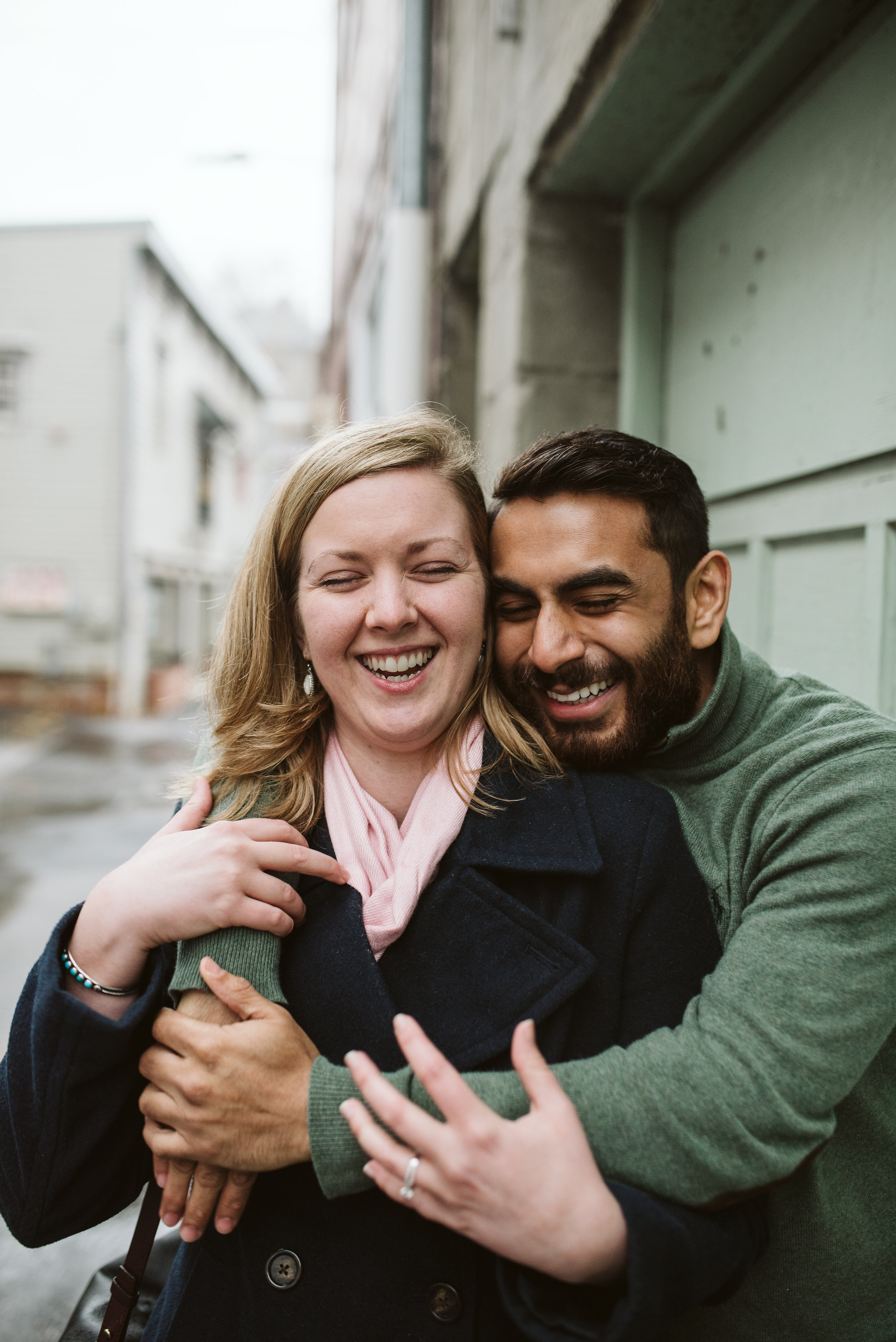 Engagement Photos, Rainy, Ellicott City, Maryland Wedding Photographer, Winter, Overhills Mansion, Indian American, Historical, Classic, Traditional, Outdoor, Bride and Groom Laughing