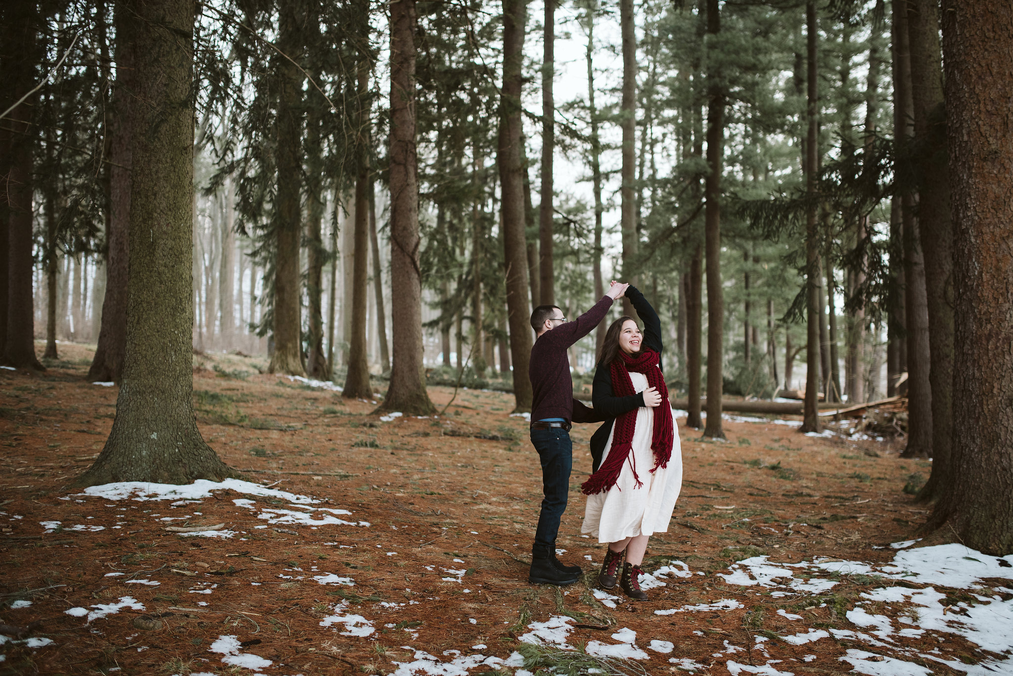 Baltimore County, Loch Raven Reservoir, Maryland Wedding Photographer, Winter, Engagement Photos, Nature, Romantic, Clean and Classic, Bride and Groom Dancing in Woods on Cold Spring Morning 
