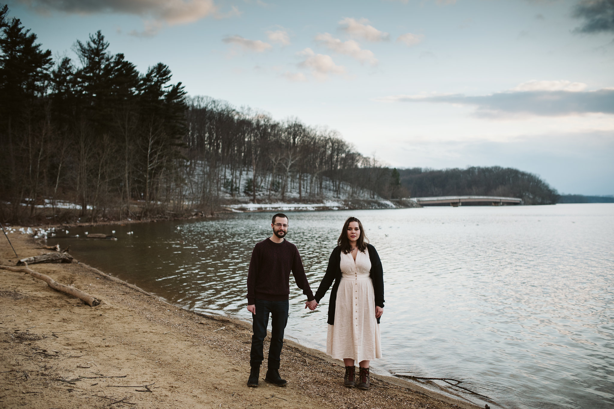  Baltimore County, Loch Raven Reservoir, Maryland Wedding Photographer, Winter, Engagement Photos, Nature, Romantic, Classic, Bride and Groom Holding Hands Next to Water, Casual and Sweet, Rustic 
