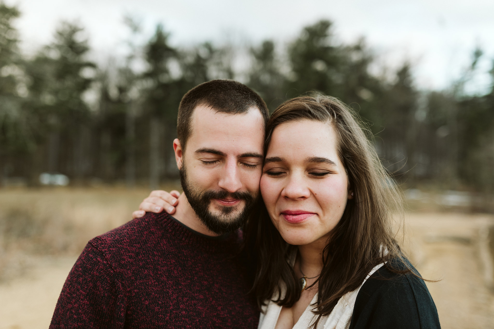  Baltimore County, Loch Raven Reservoir, Maryland Wedding Photographer, Winter, Engagement Photos, Nature, Romantic, Clean and Classic, Bride and Groom Side by Side with Their Eyes Closed 