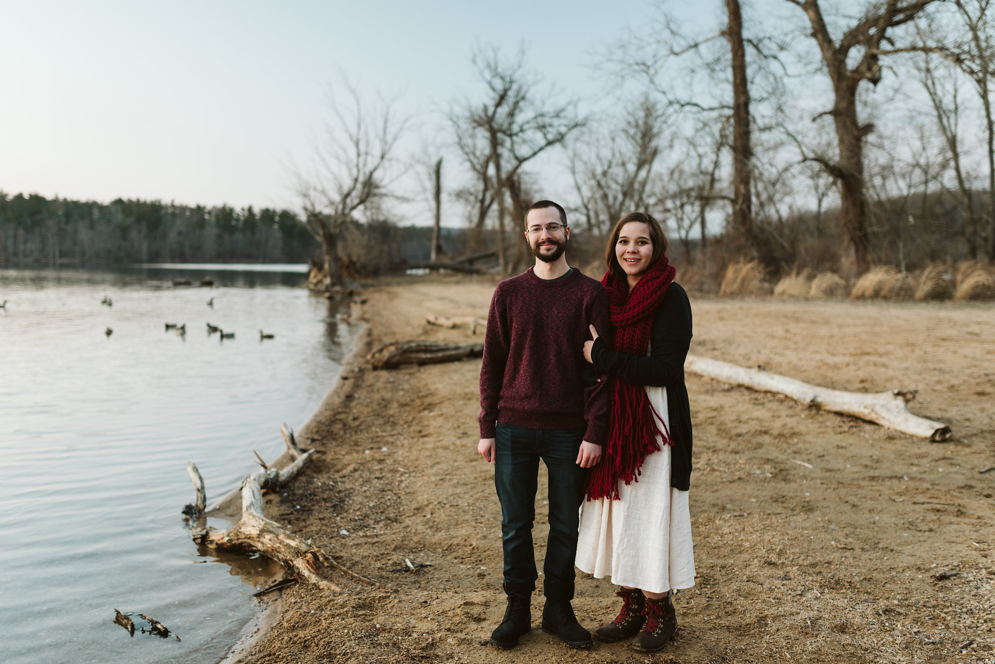  Baltimore County, Loch Raven Reservoir, Maryland Wedding Photographer, Winter, Engagement Photos, Nature, Romantic, Classic, Bride and Groom Standing Together on Shoreline, Woodland, Rustic 
