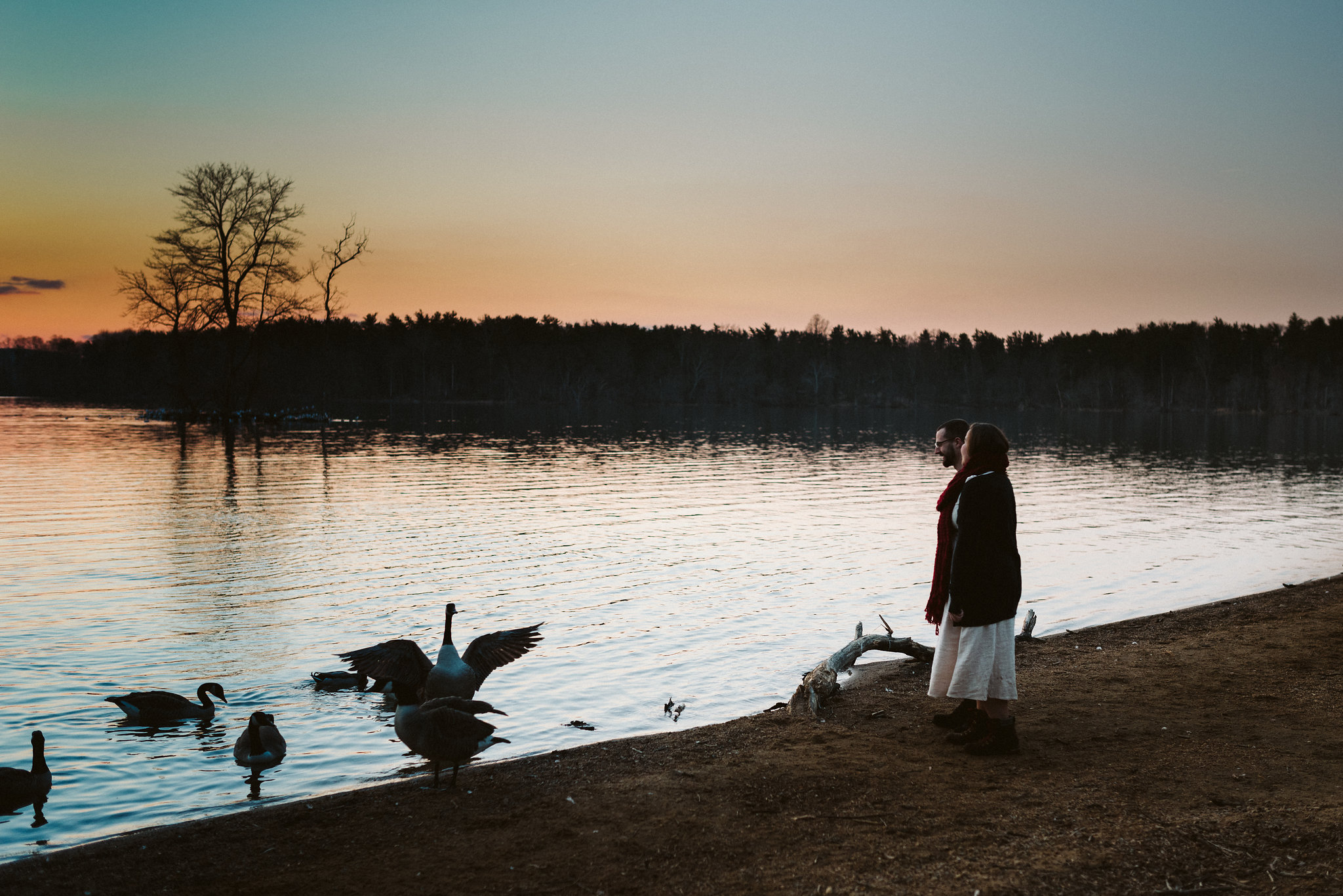  Baltimore County, Loch Raven Reservoir, Maryland Wedding Photographer, Winter, Engagement Photos, Nature, Romantic, Classic, Bride and Groom Standing Along Water During Sunset, Soft Colors, Wildlife 