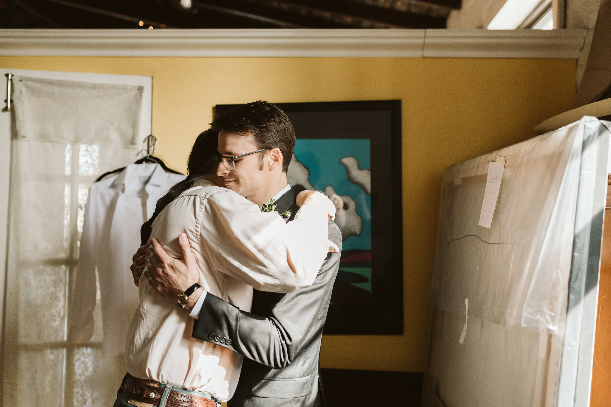  Baltimore, Maryland Wedding Photographer, Hampden, Eco-Friendly, Green, The Elm, Simple and Classic, Vintage, groom Hugging Father of the Groom Before Ceremony 